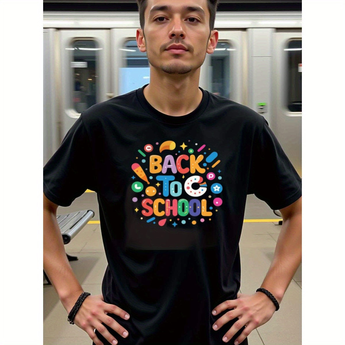 natee local warehouse clearance Back to School Fun & Colorful Graphic Tee, 男t, 男t