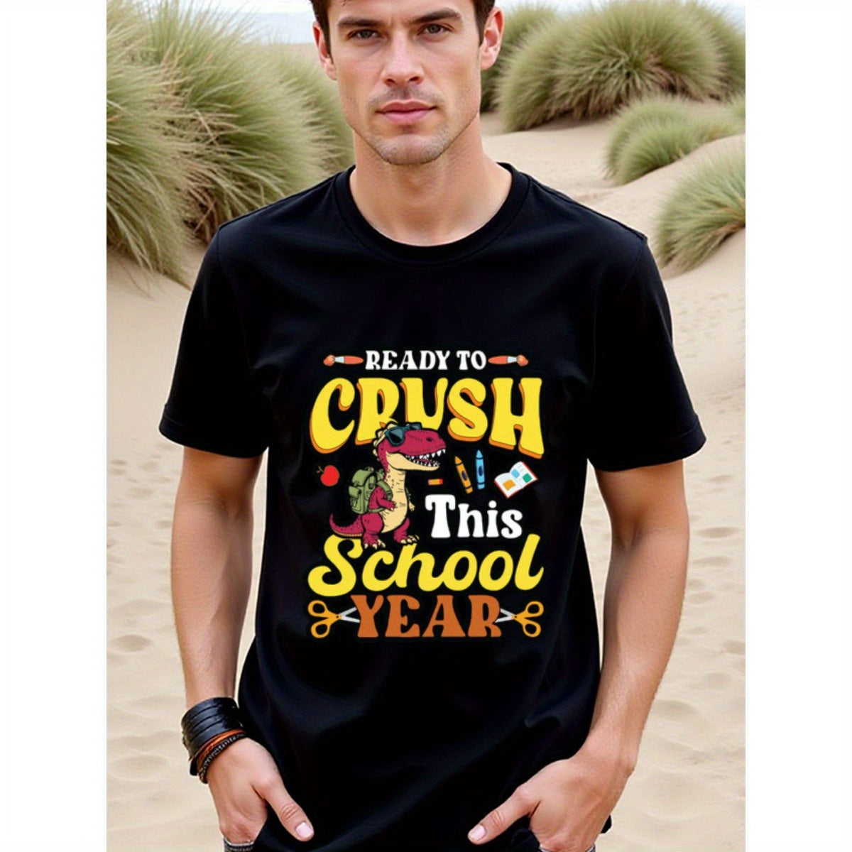 natee local warehouse clearance Back-to-school Dinosaur T-shirt: Crush This Year!, man's T-Shirt,100% Cotton Fabric,Crew Neck,Short Sleeve,Regular Fit,All-Season Casual Wear,180gsm-Ideal for All Saints' Day Thanksgiving Day, 男t