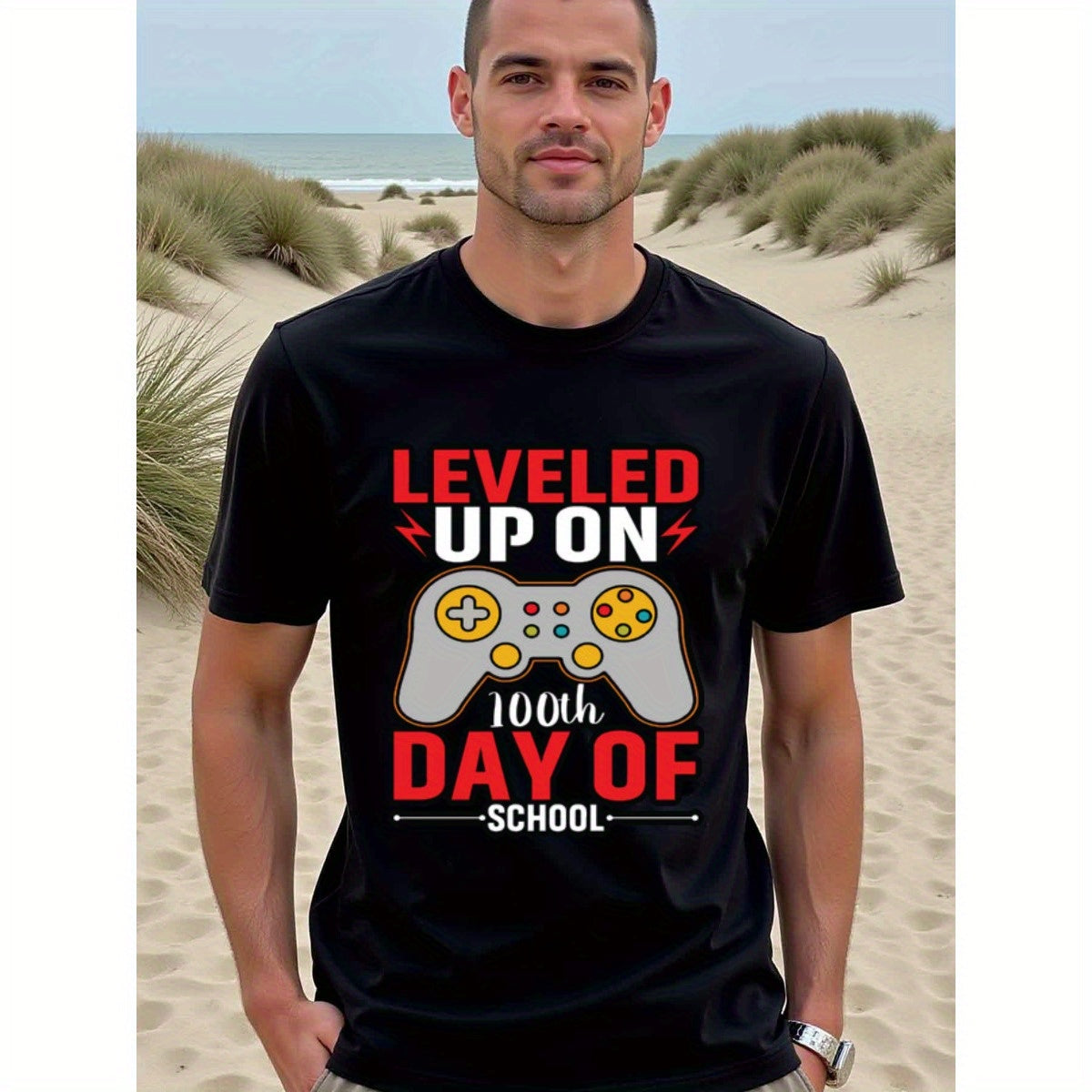 natee local warehouse clearance 100th Day of School Gamer Shirt: Level Up!, man's T-Shirt,100% Cotton Fabric,Crew Neck,Short Sleeve,Regular Fit,All-Season Casual Wear,180gsm-Ideal for Valentines Christian festival Thanksgiving Day, 男t