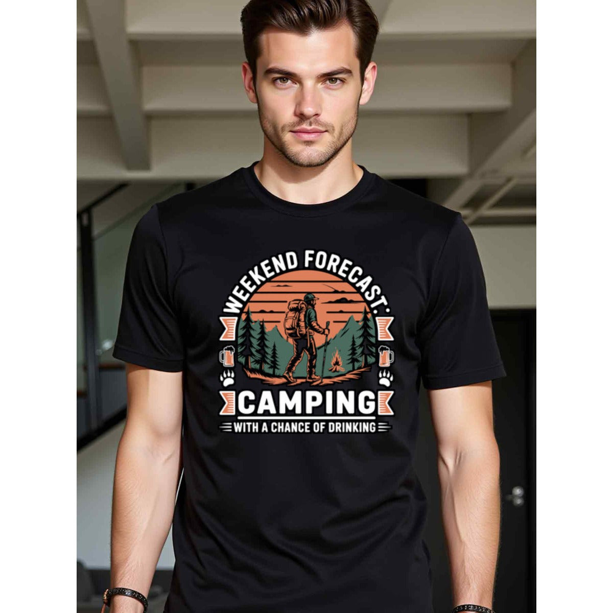 natee local warehouse clearance Adventure Awaits: Weekend Forecast Camping T-shirt, 100% Cotton Fabric,Crew Neck,Regular Fit,Weekend Casual Wear,180gsm Family Friends Christian festival Thanksgiving Day, 男t