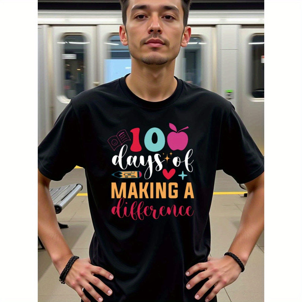 natee local warehouse clearance 100 Days of Making a Difference Teacher Appreciation Shirt, man's T-Shirt,100% Cotton Fabric,Crew Neck,Short Sleeve,Regular Fit,All-Season Casual Wear,180gsm-Ideal for All Saints' Day Thanksgiving Day, 男t