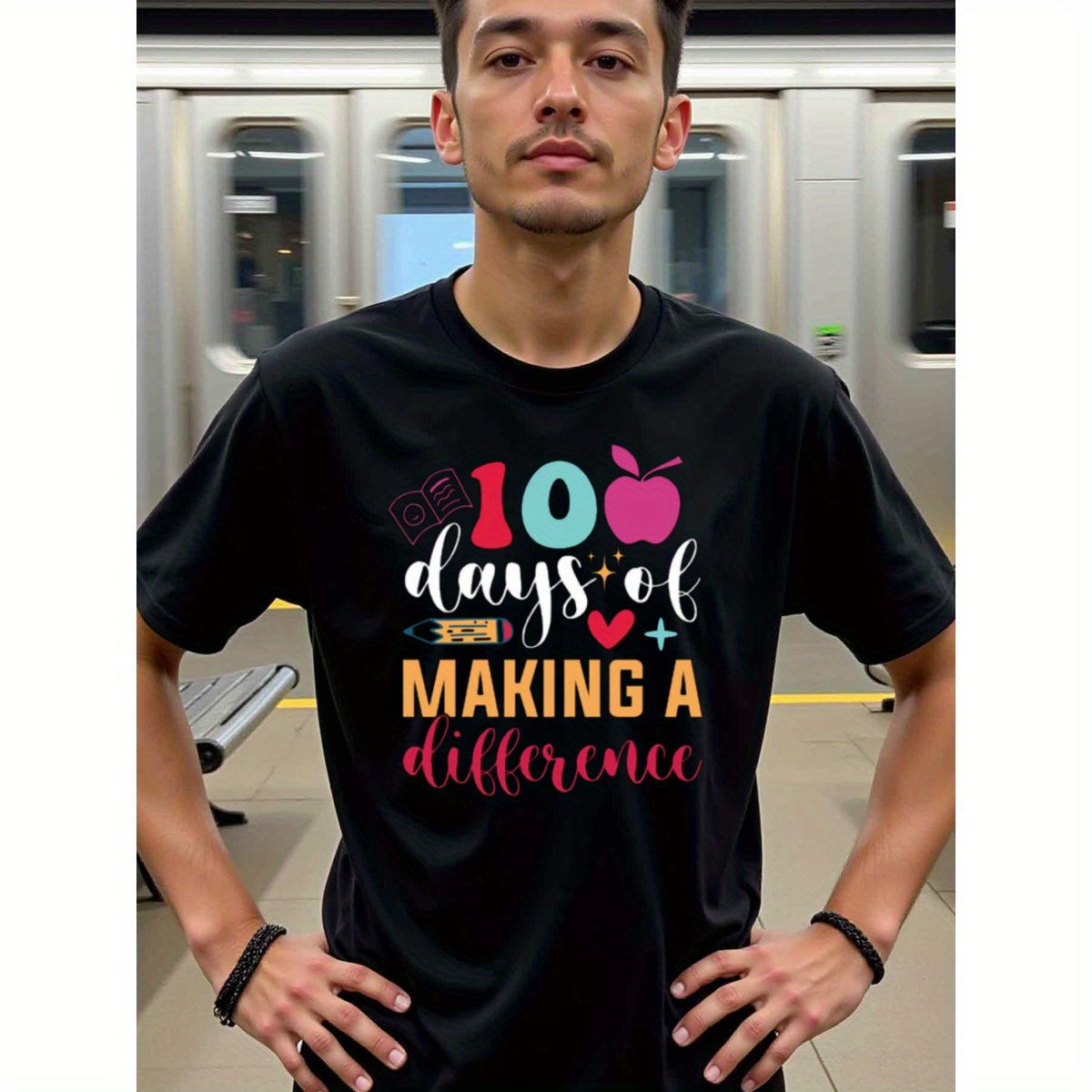 natee local warehouse clearance 100 Days of Making a Difference Teacher Appreciation Shirt, man's T-Shirt,100% Cotton Fabric,Crew Neck,Short Sleeve,Regular Fit,All-Season Casual Wear,180gsm-Ideal for All Saints' Day Thanksgiving Day, 男t