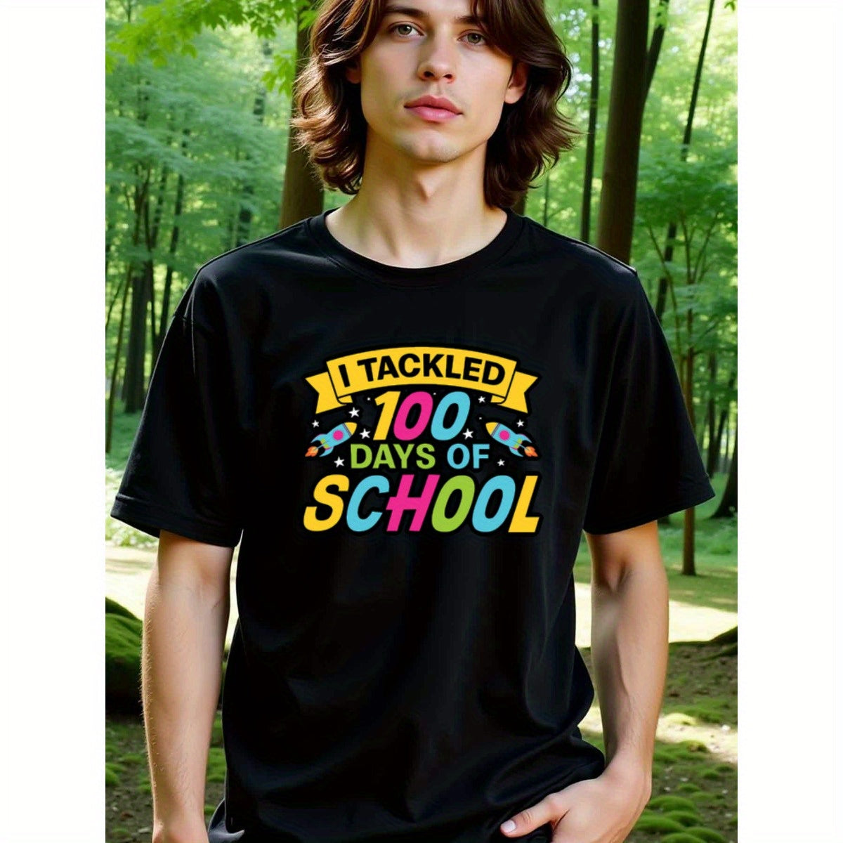 natee local warehouse clearance 100 Days of School T-shirt - Celebrate Milestone!, man's T-Shirt,100% Cotton Fabric,Crew Neck,Short Sleeve,Regular Fit,All-Season Casual Wear,180gsm-Ideal for All Saints' Day Thanksgiving Day, 男t