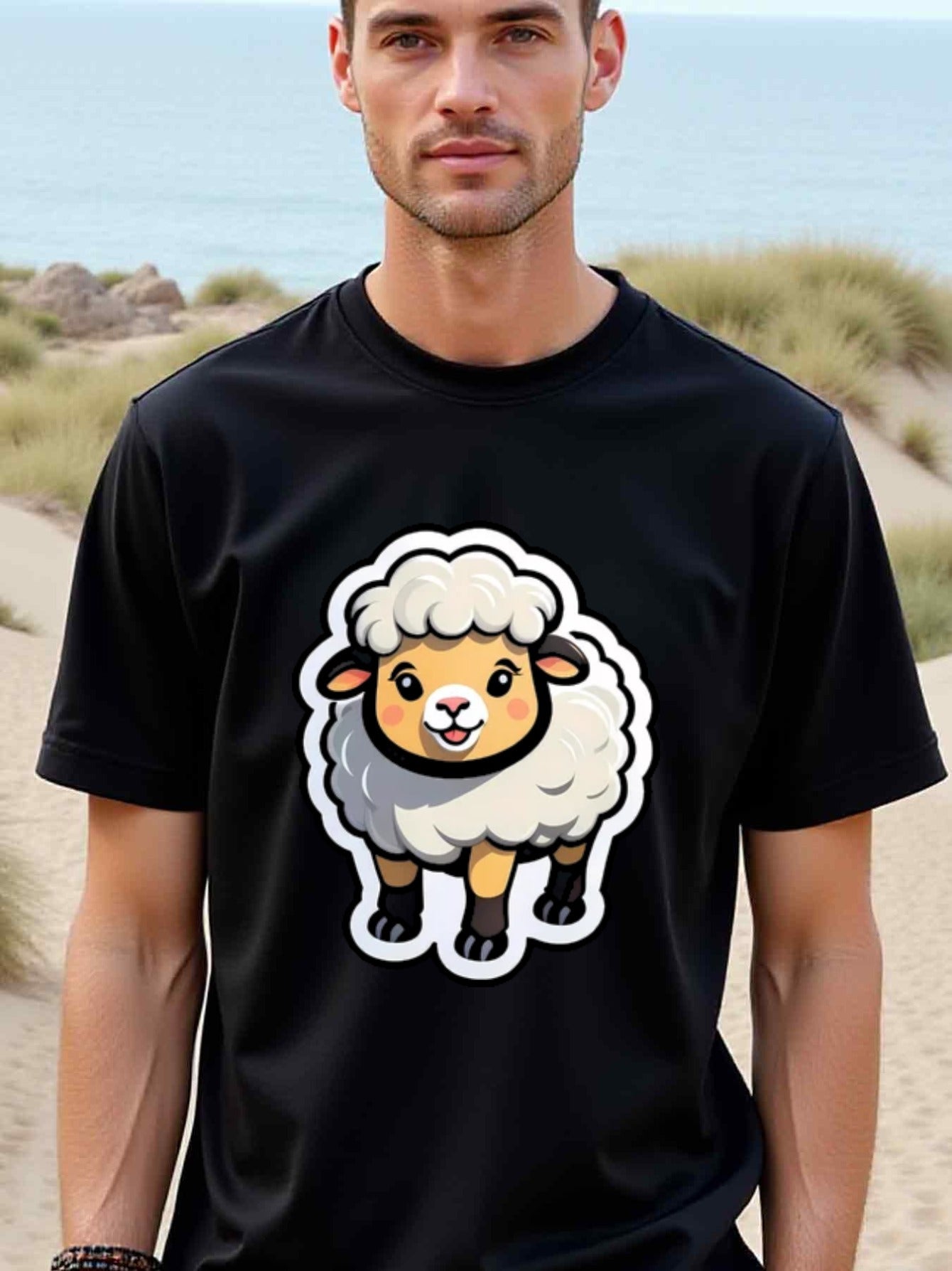 natee local warehouse clearance Adorable Cartoon Sheep Graphic Tee for Men, man's T-Shirt,100% Cotton Fabric,Crew Neck,Short Sleeve,Regular Fit,All-Season Casual Wear,180gsm-Ideal For Summer Holiday Gift, 男t