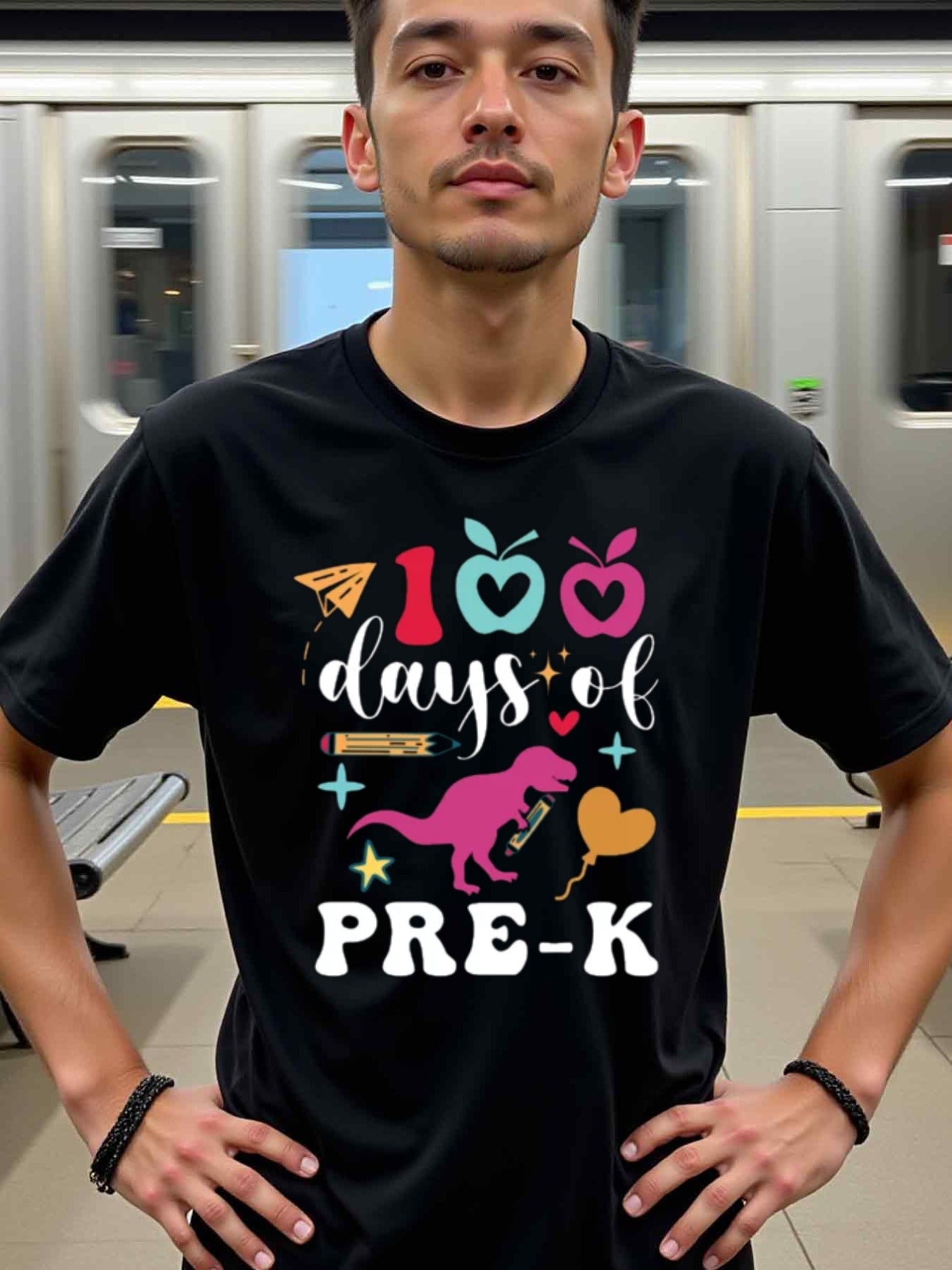 natee local warehouse clearance 100 Days of Pre-k Dinosaur Shirt for Kids, man's T-Shirt,100% Cotton Fabric,Crew Neck,Short Sleeve,Regular Fit,All-Season Casual Wear,180gsm-Ideal For Summer Holiday Gift, 男t