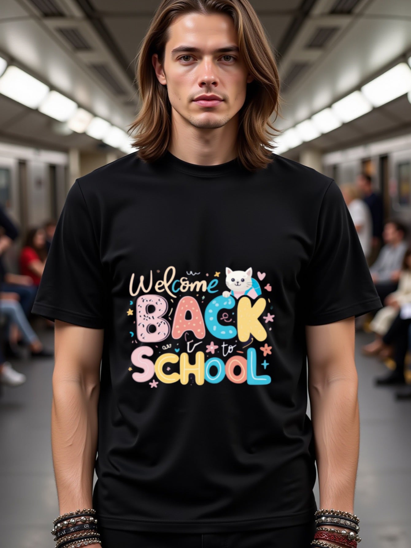 natee local warehouse clearance Back to School Cat Graphic Tee for Kids & Adults, man's T-Shirt,100% Cotton Fabric,Crew Neck,Short Sleeve,Regular Fit,All-Season Casual Wear,180gsm-Ideal For Summer Holiday Gift, 男t