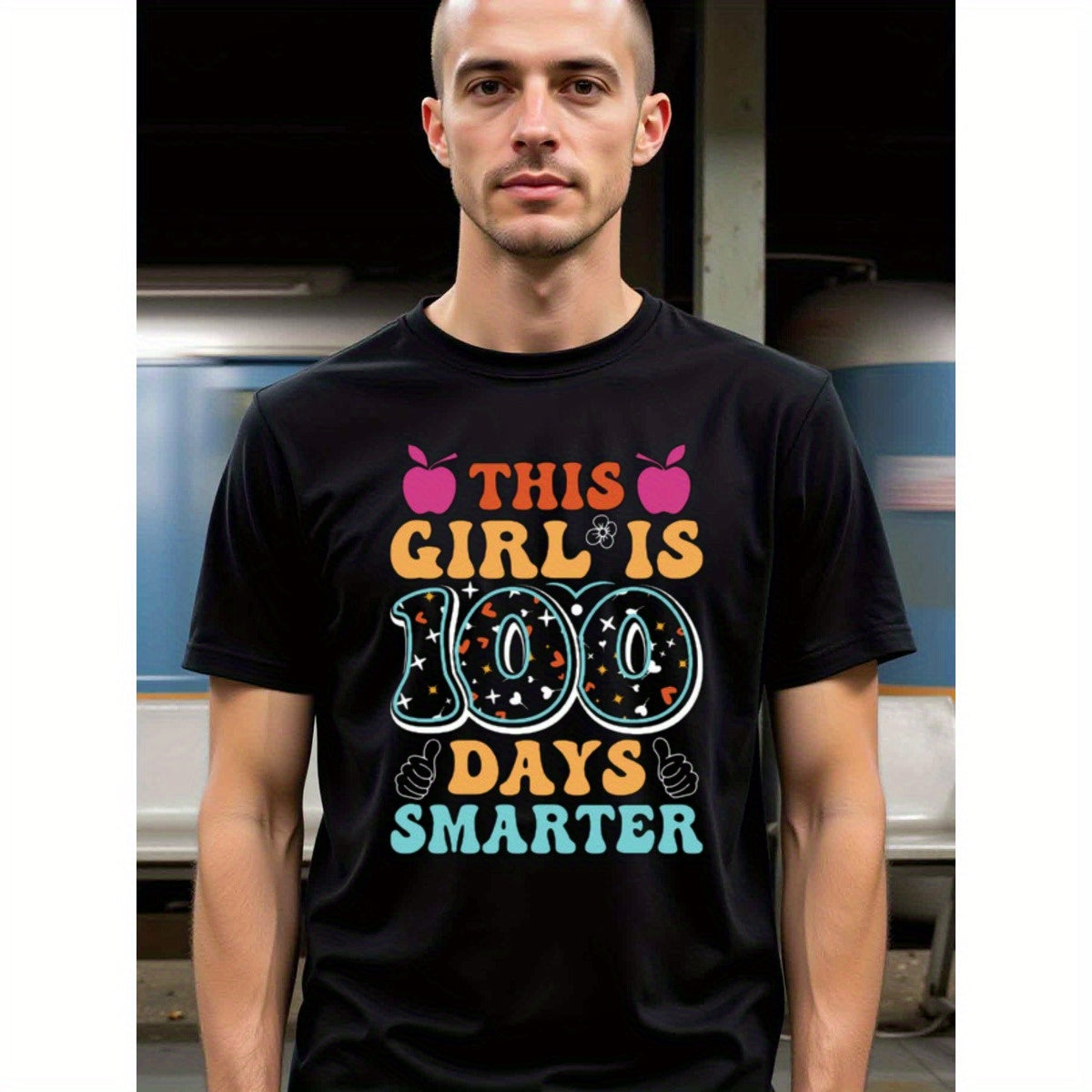 natee local warehouse clearance 100 Days Smarter: Celebrate 100th Day of School with This Girl!, man's T-Shirt,100% Cotton Fabric,Crew Neck,Short Sleeve,Regular Fit,All-Season Casual Wear,180gsm-Ideal for Valentines Christian festival Thanksgiving Day, 男t