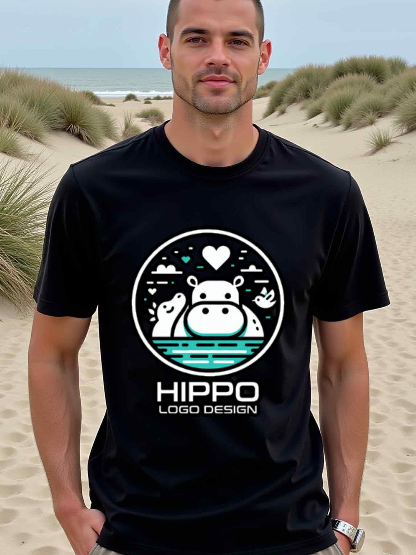 natee local warehouse clearance Adorable Hippo Logo Design Black T-shirt, man's T-Shirt,100% Cotton Fabric,Crew Neck,Short Sleeve,Regular Fit,All-Season Casual Wear,180gsm-Ideal for Valentines Christian festival Thanksgiving Day, 男t