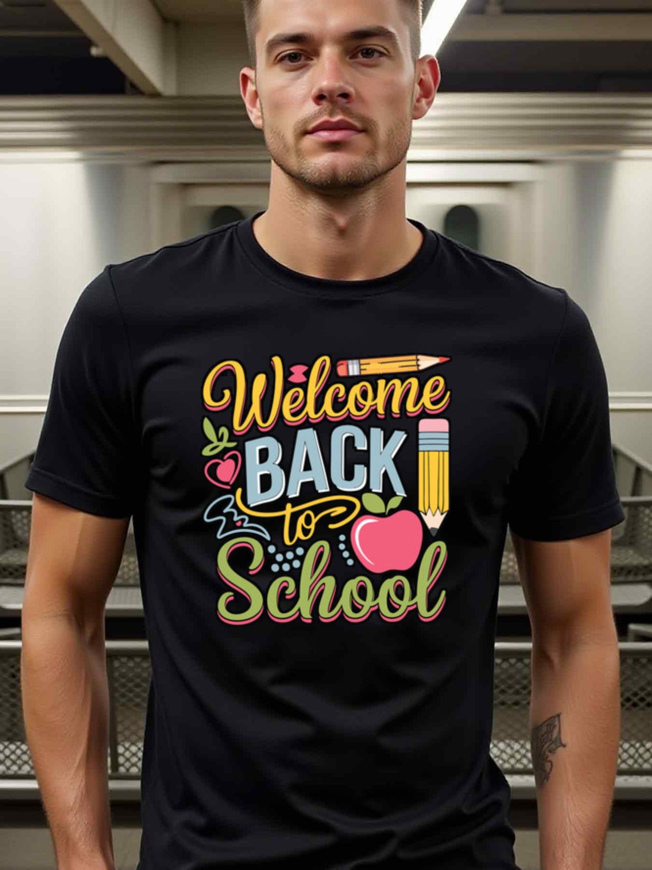 natee local warehouse clearance Back to School Welcome T-shirt for Teachers & Students, man's T-Shirt,100% Cotton Fabric,Crew Neck,Short Sleeve,Regular Fit,All-Season Casual Wear,180gsm-Ideal For Summer Holiday Gift, 男t
