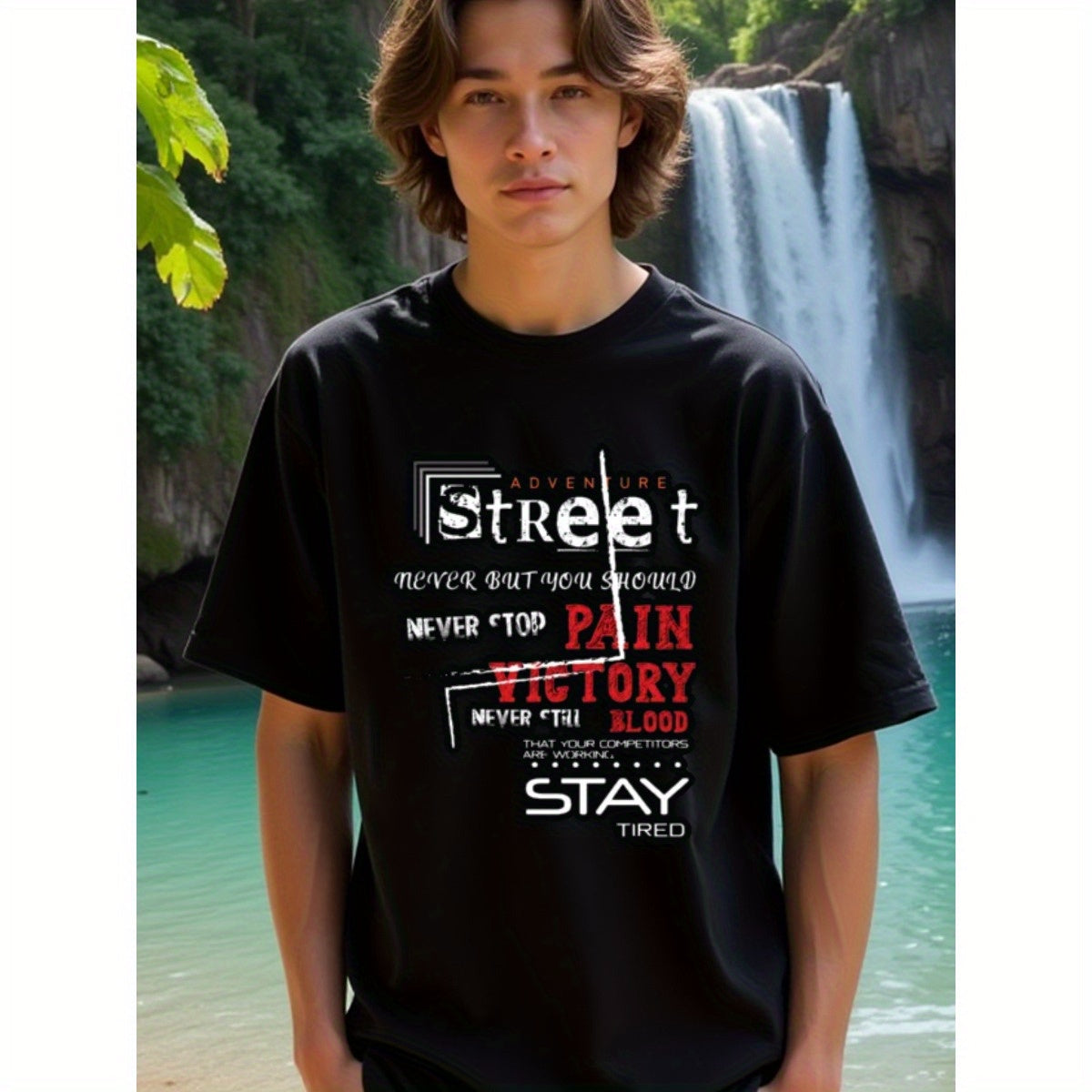 natee local warehouse clearance Adventure Street: Stay Tired, Never Stop, Pain Victory Blood, 100% Cotton Fabric,Crew Neck,Regular Fit,Weekend Casual Wear,180gsm Family Friends Christian festival Thanksgiving Day, 男t
