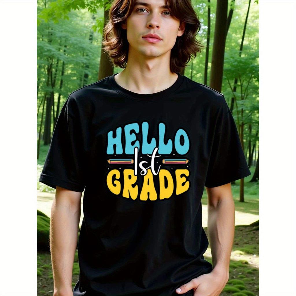 natee local warehouse clearance Back-to-school Hello 1st Grade Graphic Tee, 100% Cotton Fabric,Crew Neck,Regular Fit,Weekend Casual Wear,180gsm Family Friends Christian festival Thanksgiving Day, 男t