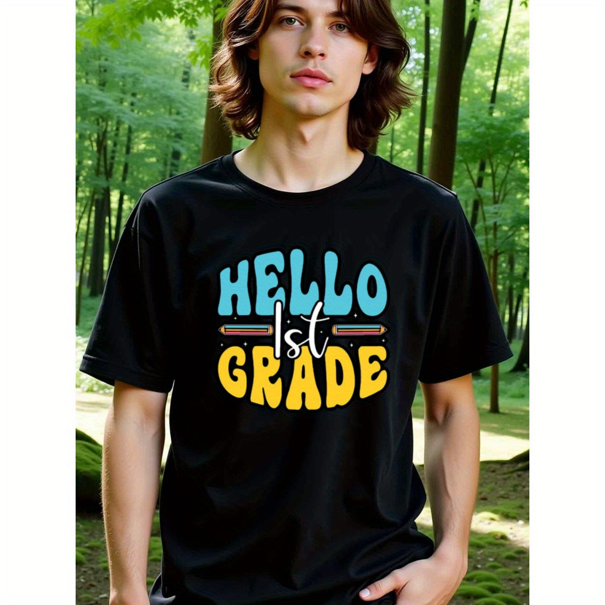 natee local warehouse clearance Back-to-school Hello 1st Grade Graphic Tee, 100% Cotton Fabric,Crew Neck,Regular Fit,Weekend Casual Wear,180gsm Family Friends Christian festival Thanksgiving Day, 男t