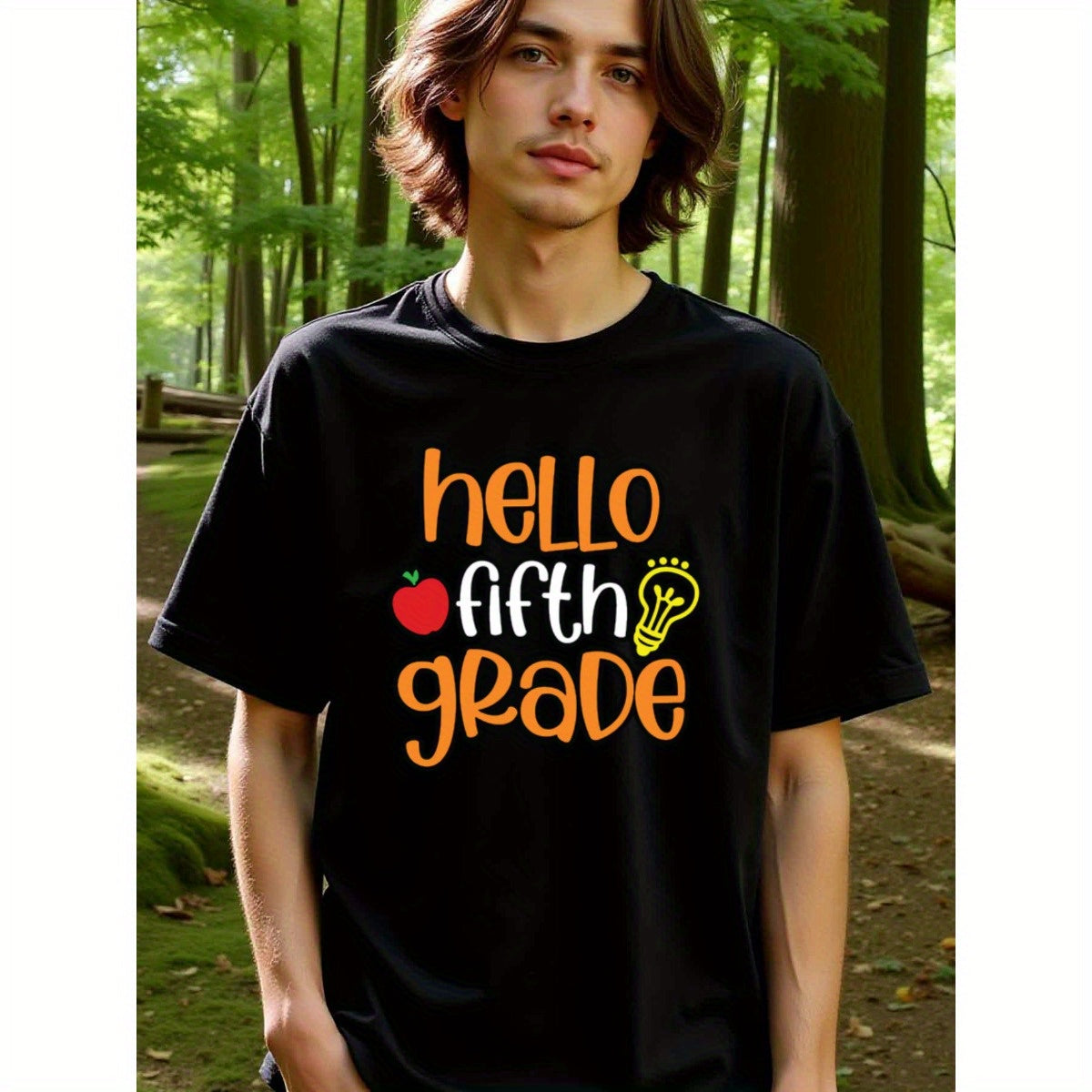 natee local warehouse clearance Back-to-school Hello Fifth Grade Graphic Tee, man's T-Shirt,100% Cotton Fabric,Crew Neck,Short Sleeve,Regular Fit,All-Season Casual Wear,180gsm-Ideal for Valentines Christian festival Thanksgiving Day, 男t
