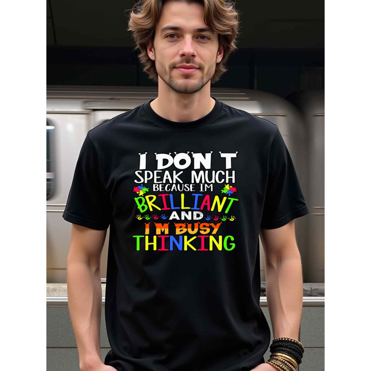 natee local warehouse clearance Autism Awareness: I Don't Speak Much Thinking Tee, 100% Cotton Fabric,Crew Neck,Regular Fit,Weekend Casual Wear,180gsm Family Friends Christian festival Thanksgiving Day, 男t