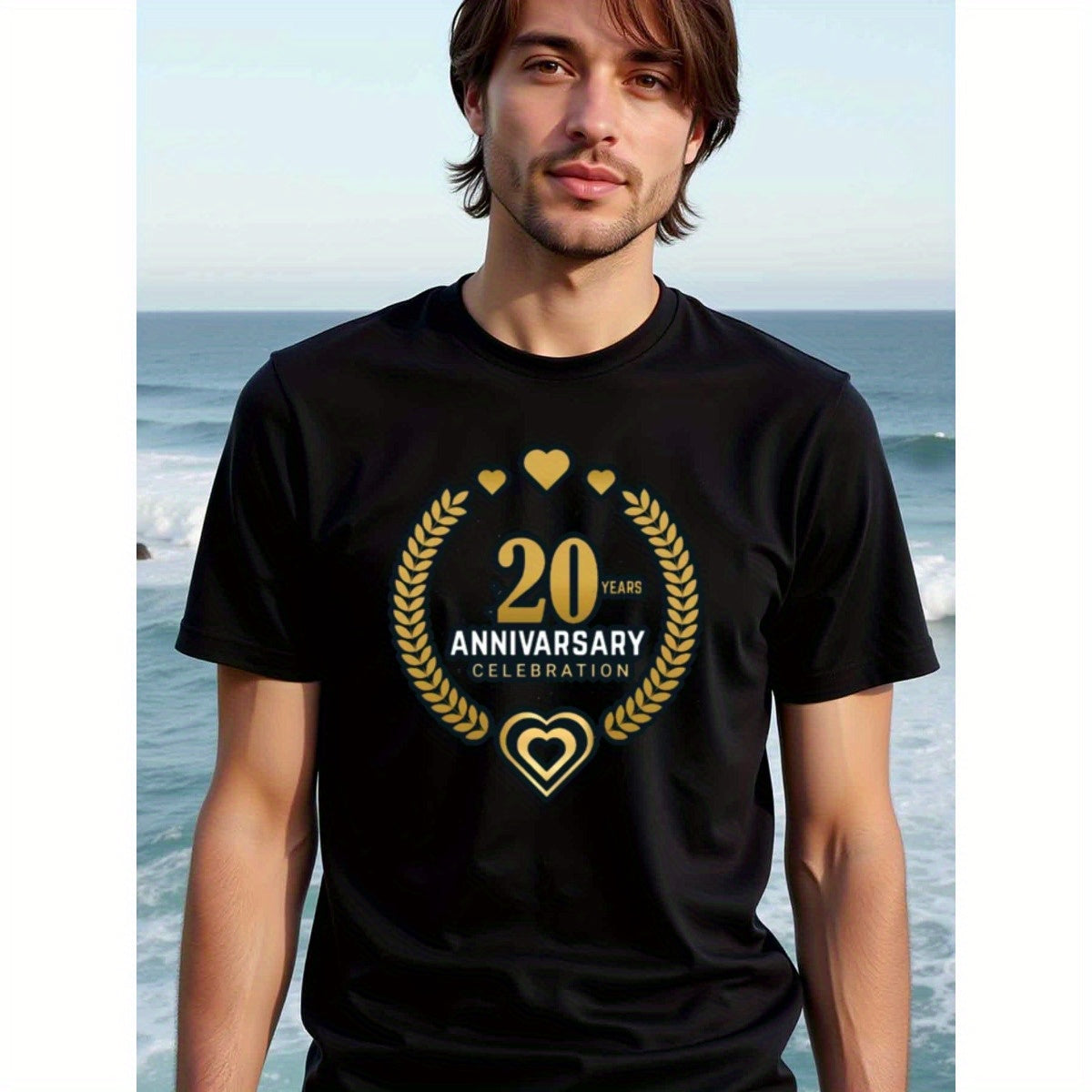 natee local warehouse clearance 20th Anniversary Celebration Black T-shirt, man's T-Shirt,100% Cotton Fabric,Crew Neck,Short Sleeve,Regular Fit,All-Season Casual Wear,180gsm-Ideal for Valentines Christian festival Thanksgiving Day, 男t