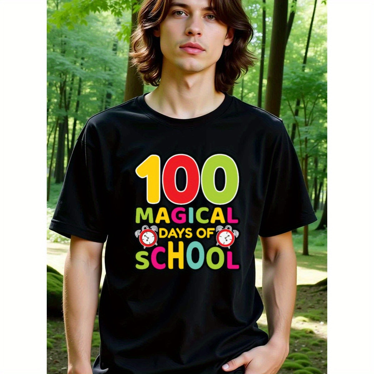 natee local warehouse clearance 100 Magical Days of School - Colorful Celebration T-shirt, man's T-Shirt,100% Cotton Fabric,Crew Neck,Short Sleeve,Regular Fit,All-Season Casual Wear,180gsm-Ideal for Valentines Christian festival Thanksgiving Day, 男t