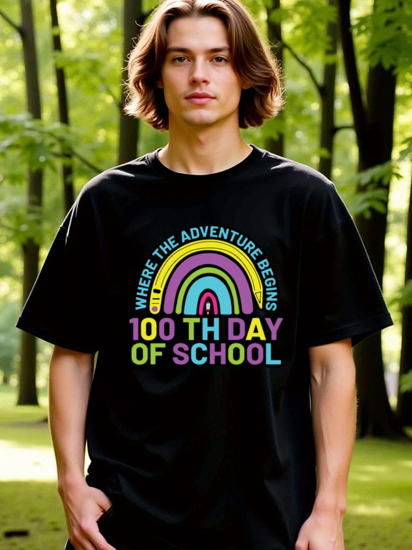 natee local warehouse clearance 100th Day of School Adventure Rainbow T-shirt, 100% Cotton Fabric,Crew Neck,Regular Fit,Weekend Casual Wear,180gsm Family Friends Christian festival Thanksgiving Day, 男t