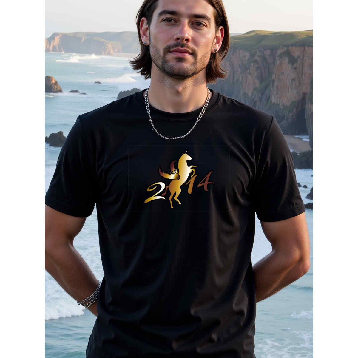 natee local warehouse clearance 2014 Year of the Horse Gold Graphic Tee, 100% Cotton Fabric,Crew Neck,Short Sleeve,Regular Fit,All-season casual wear for man and teens-perfect for running, hiking, the beach, and parties Christian festival Thanksgiving Day