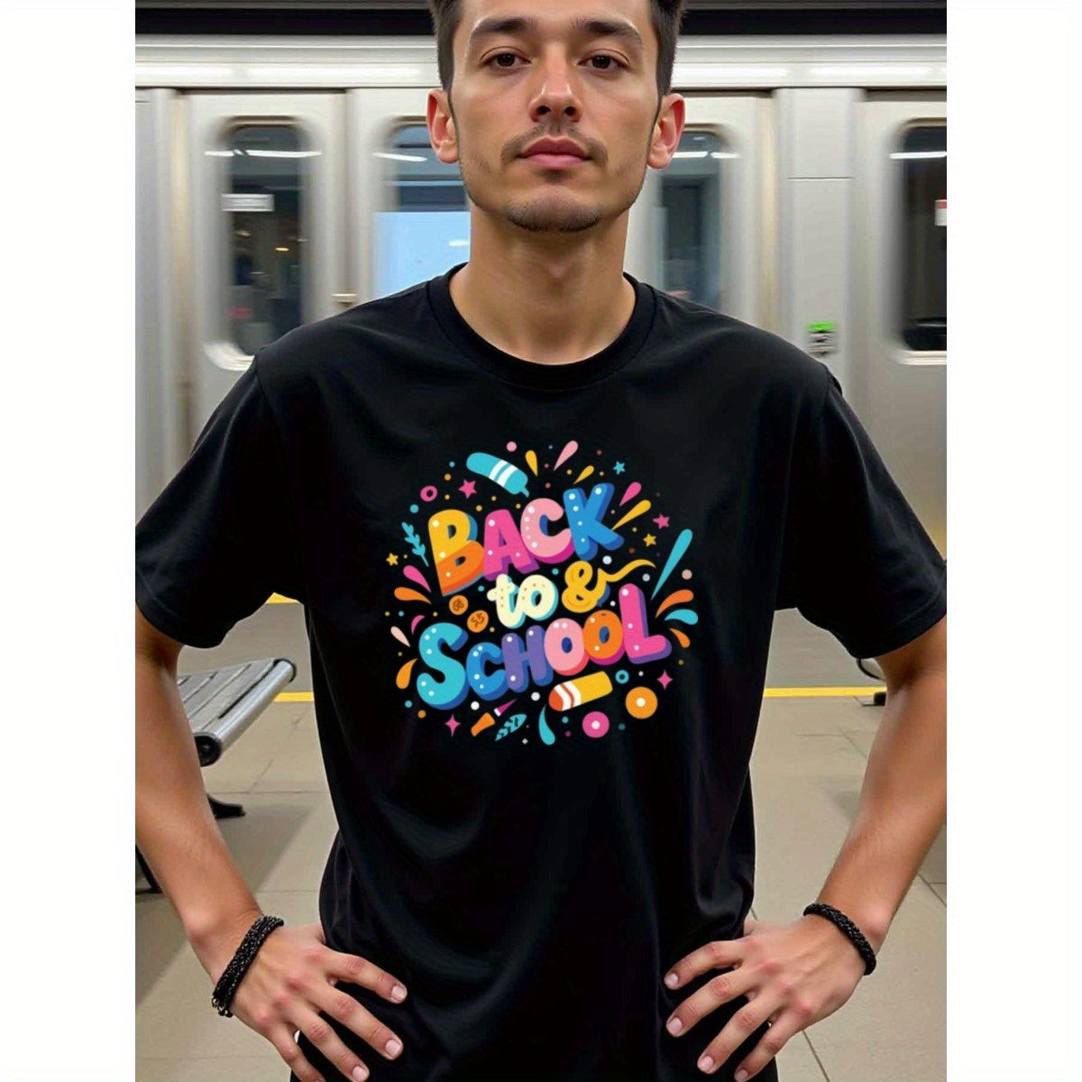 natee local warehouse clearance Back to School Fun & Colorful Graphic Tee, man's T-Shirt,100% Cotton Fabric,Crew Neck,Short Sleeve,Regular Fit,All-Season Casual Wear,180gsm-Ideal For Summer Holiday Gift, 男t