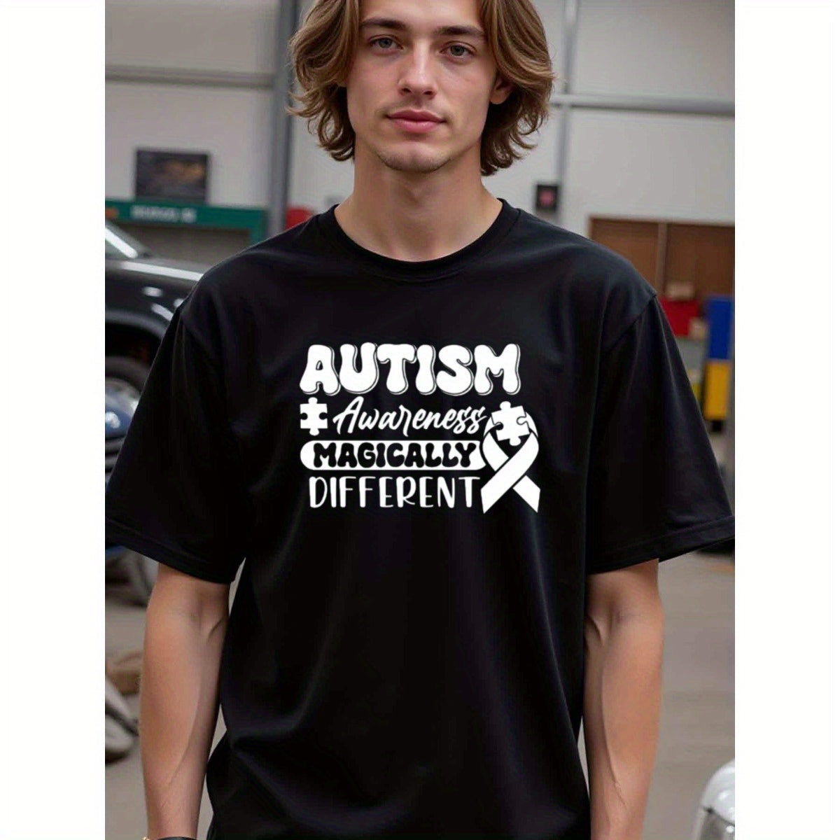 natee local warehouse clearance Autism Awareness: Magically Different Puzzle Piece Ribbon T-shirt, 男t, 男t