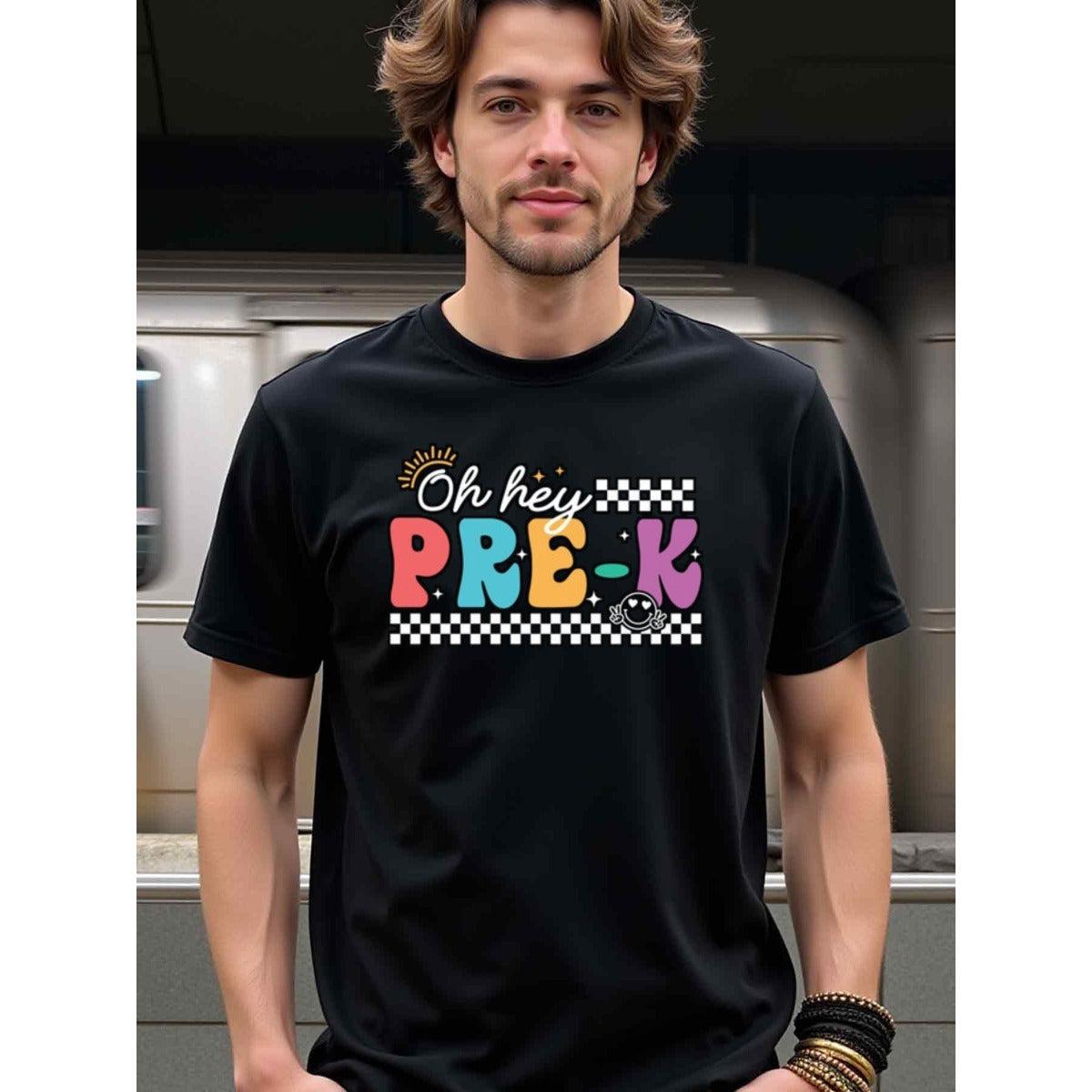 natee local warehouse clearance Back-to-school Oh Hey Pre-k Graphic Tee for Teachers & Parents, man's T-Shirt,100% Cotton Fabric,Crew Neck,Short Sleeve,Regular Fit,All-Season Casual Wear,180gsm-Ideal for All Saints' Day Thanksgiving Day, 男t
