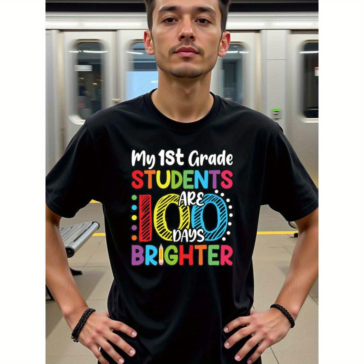 natee local warehouse clearance 100 Days Brighter: Celebrate 1st Grade Students Milestone!, 100% Cotton Fabric,Crew Neck,Regular Fit,Weekend Casual Wear,180gsm Family Friends Christian festival Thanksgiving Day, 男t