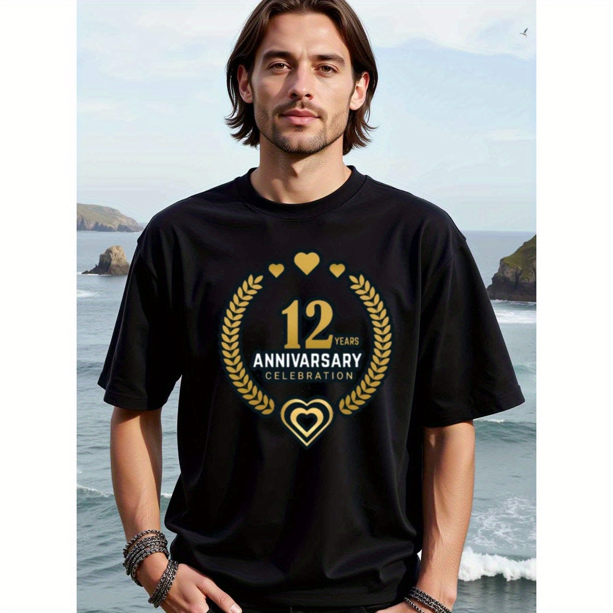natee local warehouse clearance 12th Anniversary Celebration T-shirt - Gold Hearts & Laurels Design, 100% Cotton Fabric,Crew Neck,Short Sleeve,Regular Fit,All-season casual wear for man and teens-perfect for running, hiking, the beach, and parties Christi