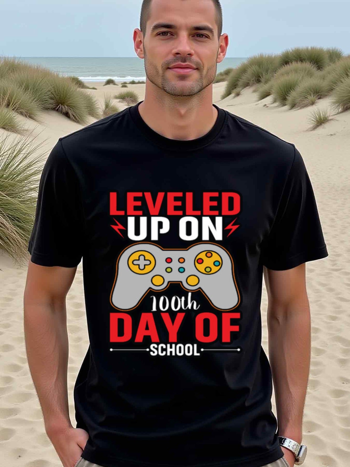 natee local warehouse clearance 100th Day of School Gamer Shirt: Level Up!, man's T-Shirt,100% Cotton Fabric,Crew Neck,Short Sleeve,Regular Fit,All-Season Casual Wear,180gsm-Ideal for Valentines Christian festival Thanksgiving Day, 男t
