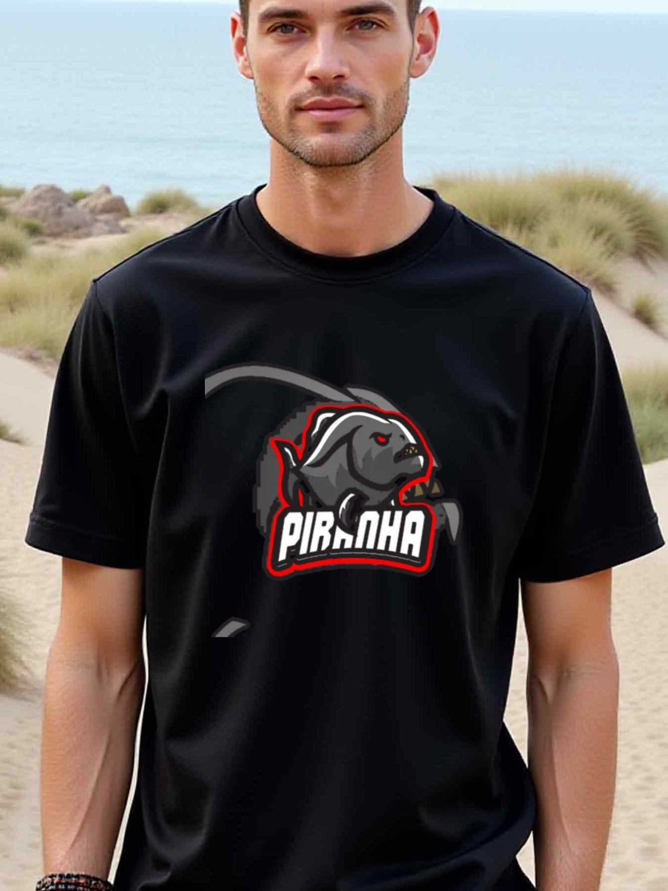natee local warehouse clearance Aggressive Piranha Graphic Tee - Bold and Stylish Design, 100% Cotton Fabric,Crew Neck,Short Sleeve,Regular Fit,All-season casual wear for man and teens-perfect for running, hiking, the beach, and parties Christian festival