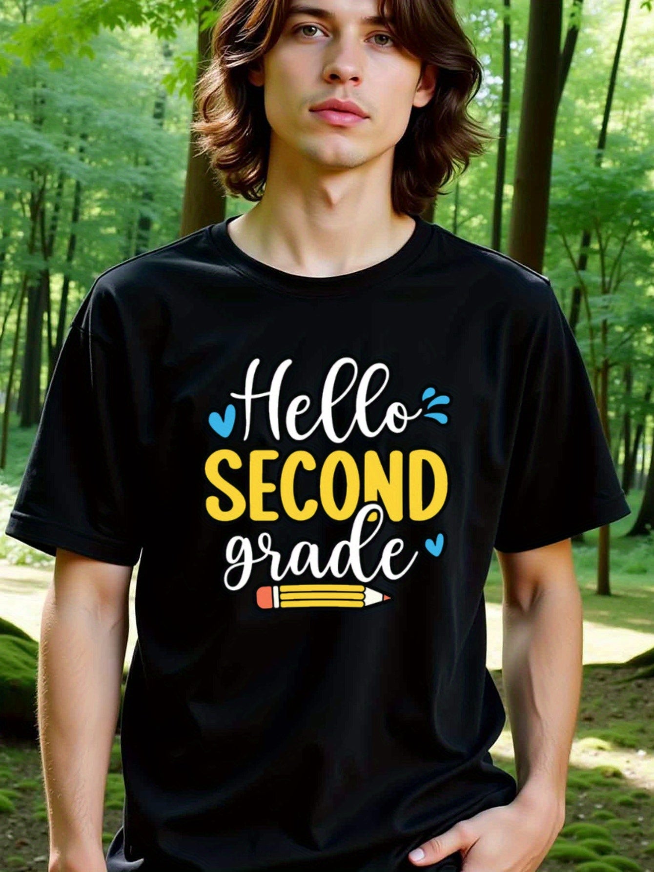 natee local warehouse clearance Back-to-school Hello Second Grade Teacher T-shirt, man's T-Shirt,100% Cotton Fabric,Crew Neck,Short Sleeve,Regular Fit,All-Season Casual Wear,180gsm-Ideal For Summer Holiday Gift, 男t