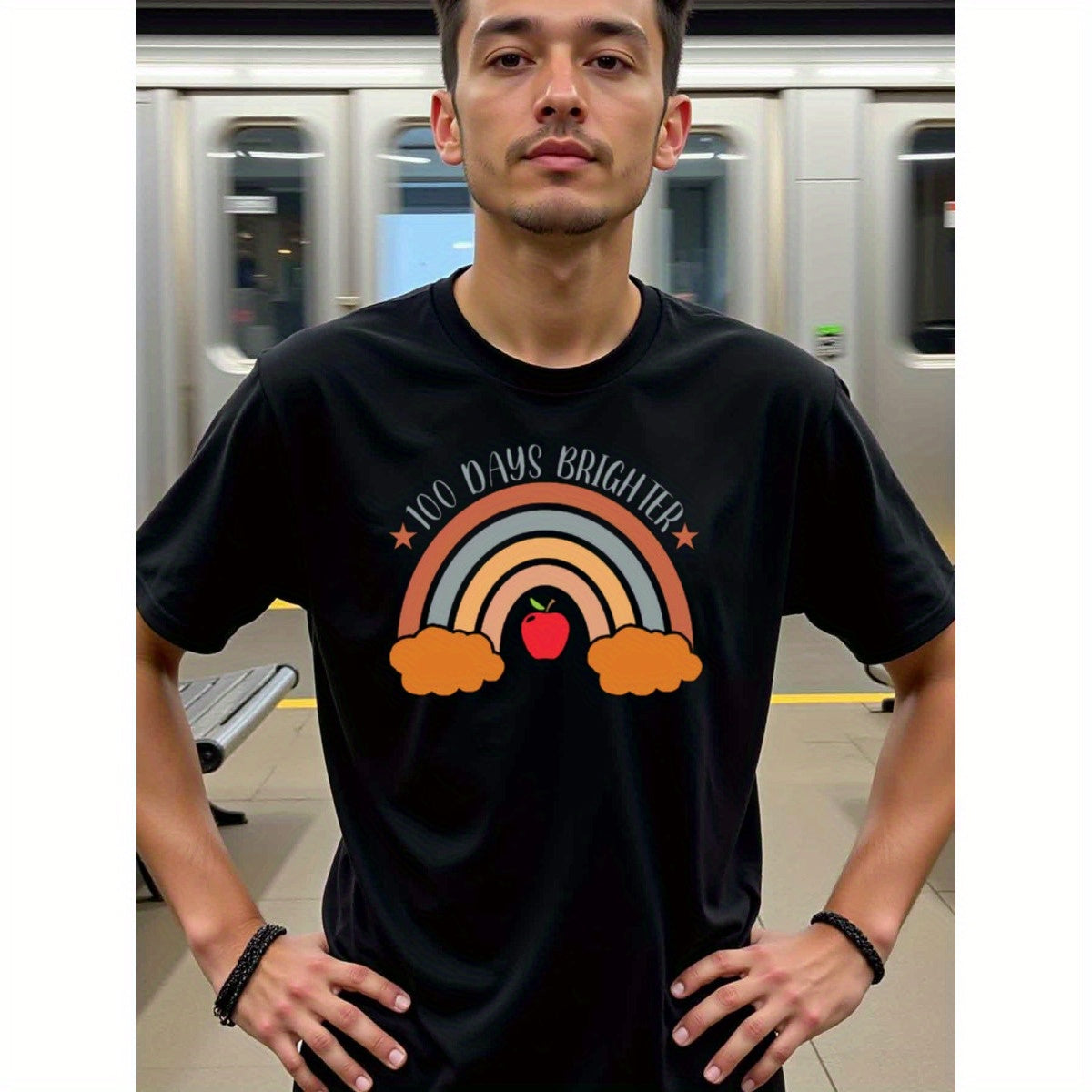 natee local warehouse clearance 100 Days Brighter Rainbow Apple T-shirt, 100% Cotton Fabric,Crew Neck,Short Sleeve,Regular Fit,All-season casual wear for man and teens-perfect for running, hiking, the beach, and parties Christian festival Thanksgiving Day