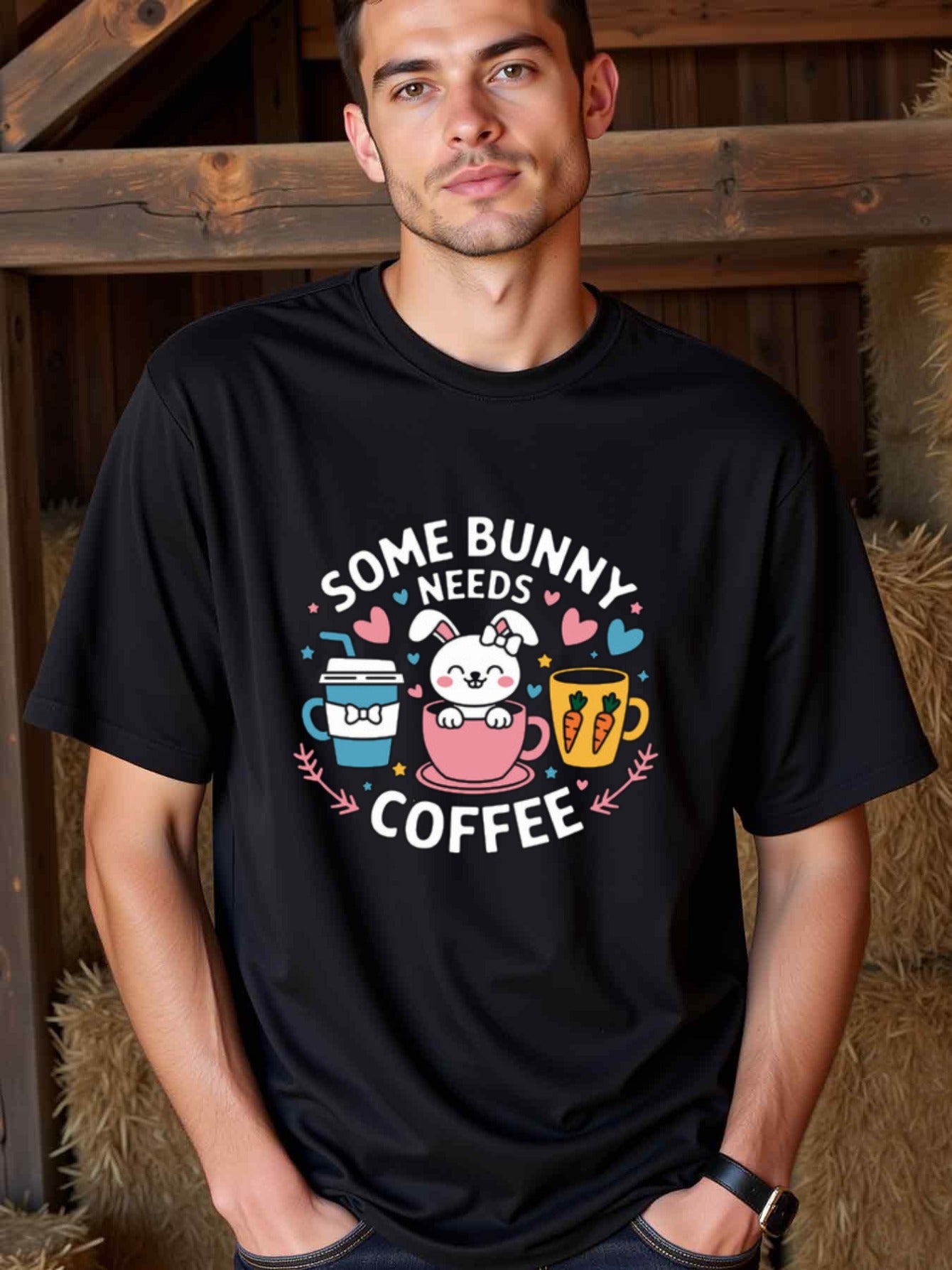 natee local warehouse clearance Adorable Some Bunny Needs Coffee Graphic Tee for Coffee Lovers, 100% Cotton Fabric,Crew Neck,Regular Fit,Weekend Casual Wear,180gsm Family Friends Christian festival Thanksgiving Day,