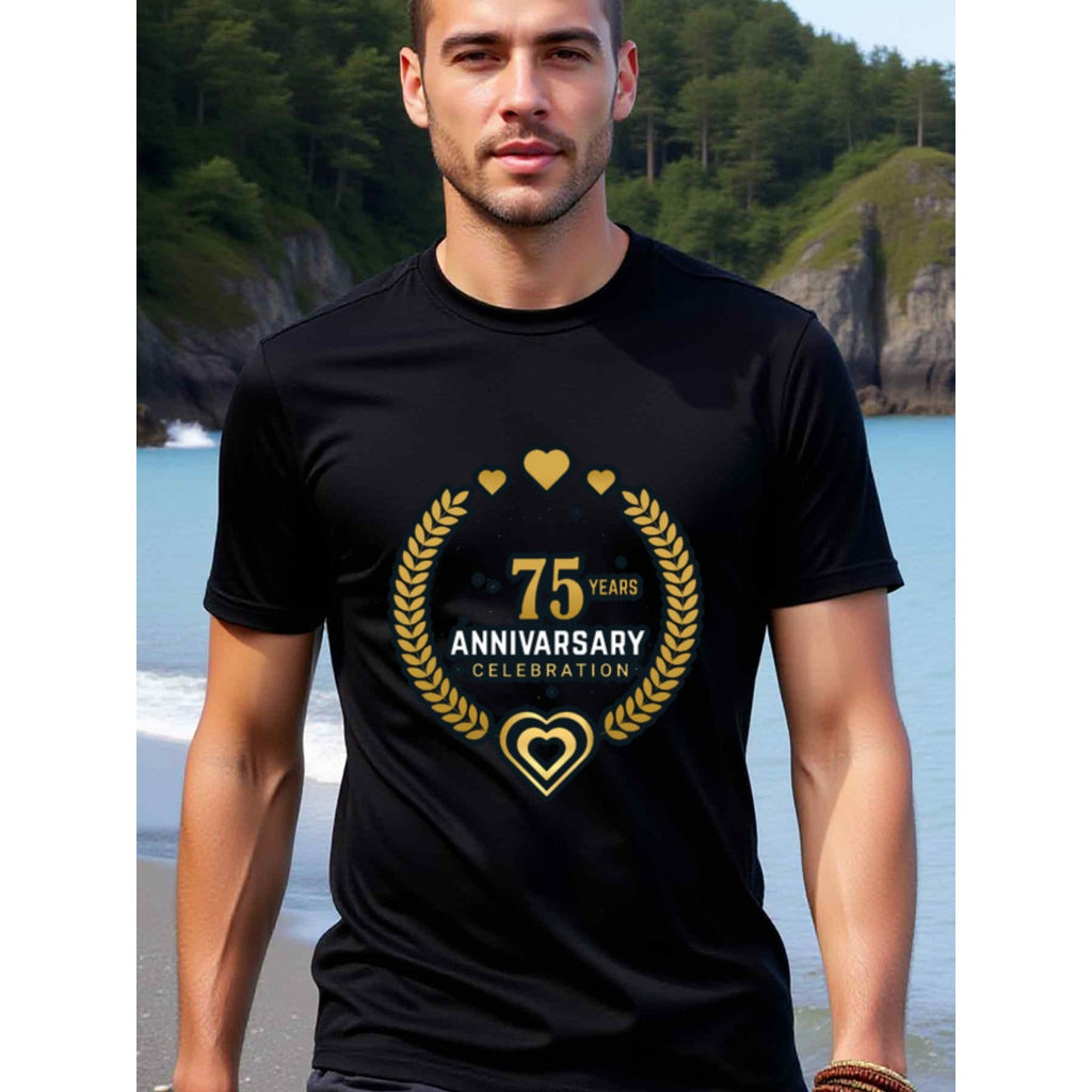 natee local warehouse clearance 75th Anniversary Celebration Black T-shirt, man's T-Shirt,100% Cotton Fabric,Crew Neck,Short Sleeve,Regular Fit,All-Season Casual Wear,180gsm-Ideal For Summer Holiday Gift, 男t