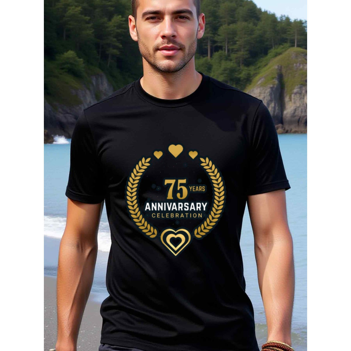 natee local warehouse clearance 75th Anniversary Celebration Black T-shirt, man's T-Shirt,100% Cotton Fabric,Crew Neck,Short Sleeve,Regular Fit,All-Season Casual Wear,180gsm-Ideal For Summer Holiday Gift, 男t