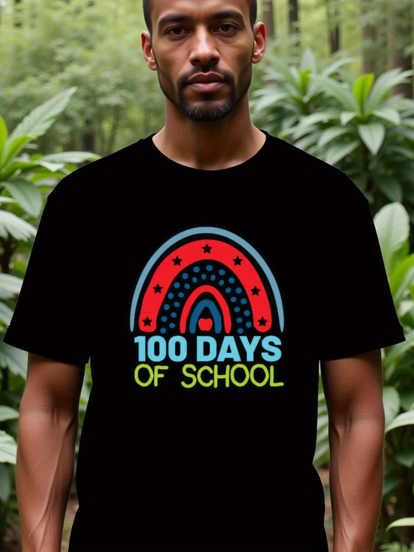 natee local warehouse clearance 100 Days of School Rainbow Stars Black T-shirt, man's T-Shirt,100% Cotton Fabric,Crew Neck,Short Sleeve,Regular Fit,All-Season Casual Wear,180gsm-Ideal for Valentines Christian festival Thanksgiving Day, 男t