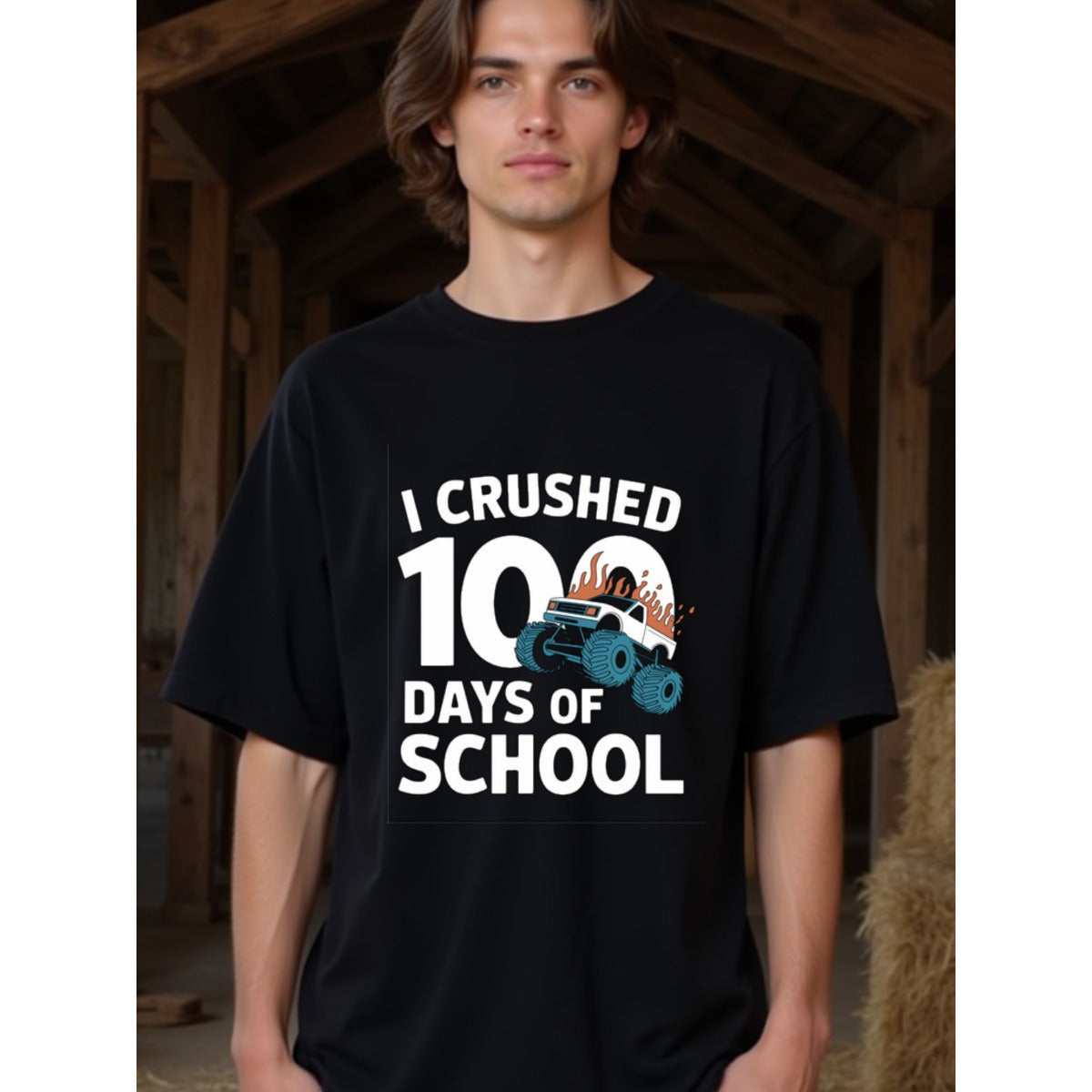 natee local warehouse clearance 100 Days of School Monster Truck T-shirt, man's T-Shirt,100% Cotton Fabric,Crew Neck,Short Sleeve,Regular Fit,All-Season Casual Wear,180gsm-Ideal For Summer Holiday Gift,