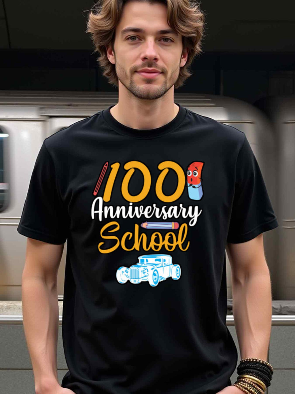 natee local warehouse clearance 100th Anniversary School Celebration T-shirt, man's T-Shirt,100% Cotton Fabric,Crew Neck,Short Sleeve,Regular Fit,All-Season Casual Wear,180gsm-Ideal For Summer Holiday Gift, 男t