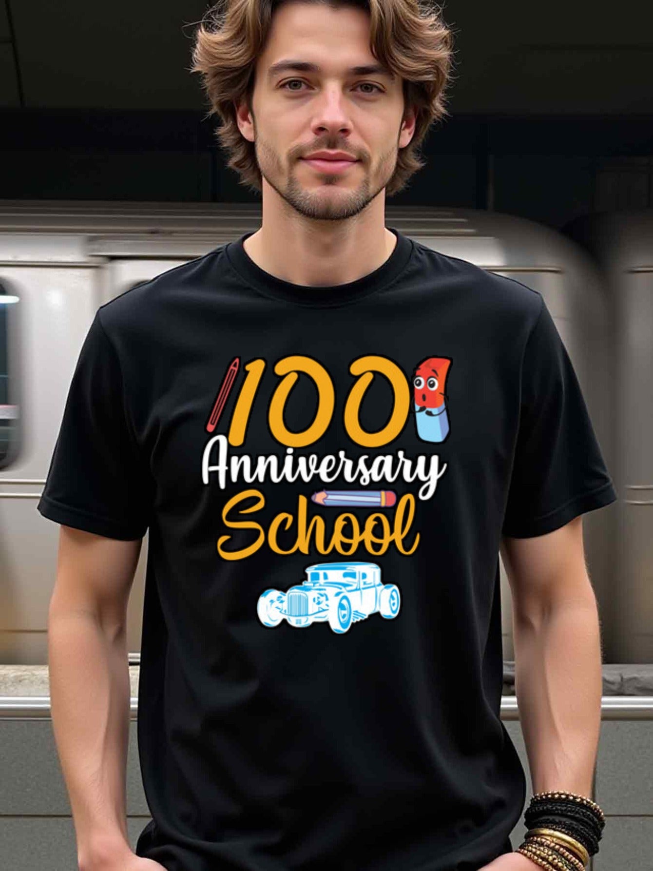 natee local warehouse clearance 100th Anniversary School Celebration T-shirt, man's T-Shirt,100% Cotton Fabric,Crew Neck,Short Sleeve,Regular Fit,All-Season Casual Wear,180gsm-Ideal For Summer Holiday Gift, 男t