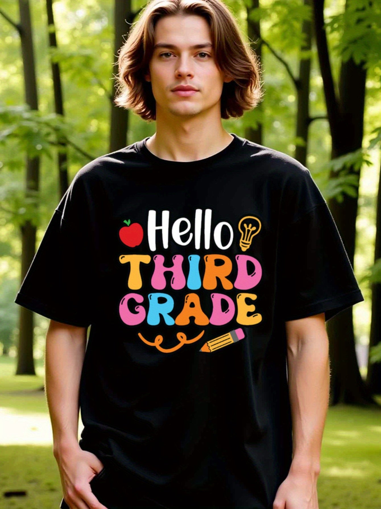 natee local warehouse clearance Back-to-school Hello Third Grade Graphic Tee, 男t