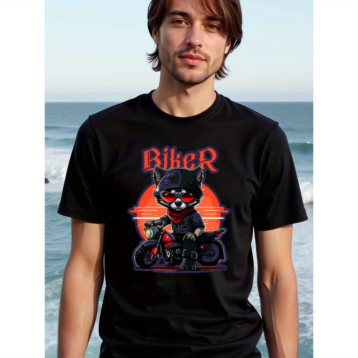 natee local warehouse clearance Badass Biker Cat Graphic Tee for Motorcycle Enthusiasts, 100% Cotton Fabric,Crew Neck,Regular Fit,Weekend Casual Wear,180gsm Family Friends Christian festival Thanksgiving Day, 男t
