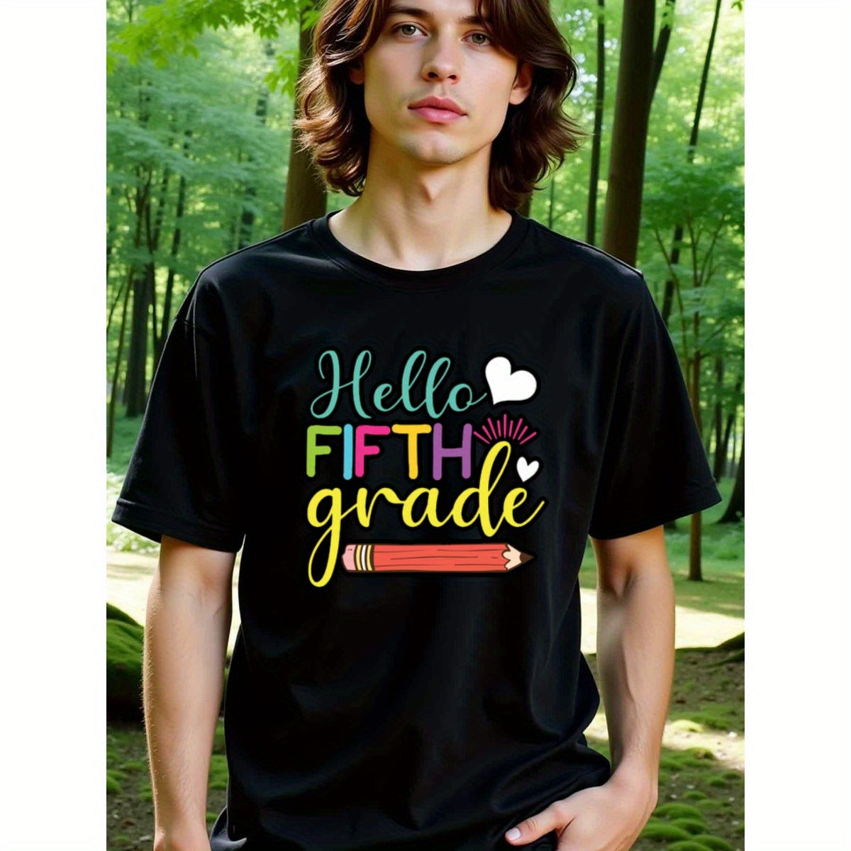 natee local warehouse clearance Back-to-school Hello Fifth Grade Shirt for Teachers & Students, man's T-Shirt,100% Cotton Fabric,Crew Neck,Short Sleeve,Regular Fit,All-Season Casual Wear,180gsm-Ideal for Valentines Christian festival Thanksgiving Day, 男t
