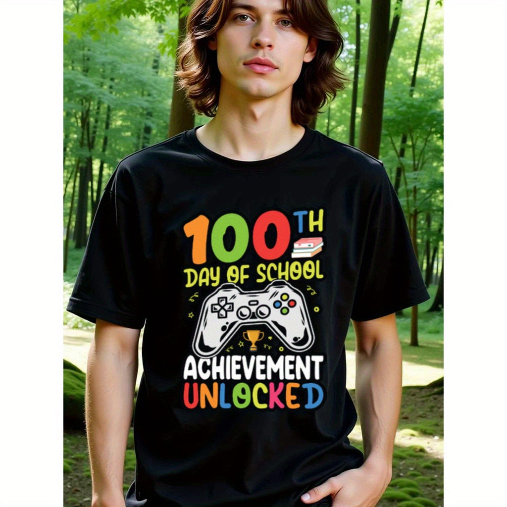 natee local warehouse clearance 100th Day of School: Achievement Unlocked Gamer T-shirt, 100% Cotton Fabric,Crew Neck,Regular Fit,Weekend Casual Wear,180gsm Family Friends Christian festival Thanksgiving Day, 男t
