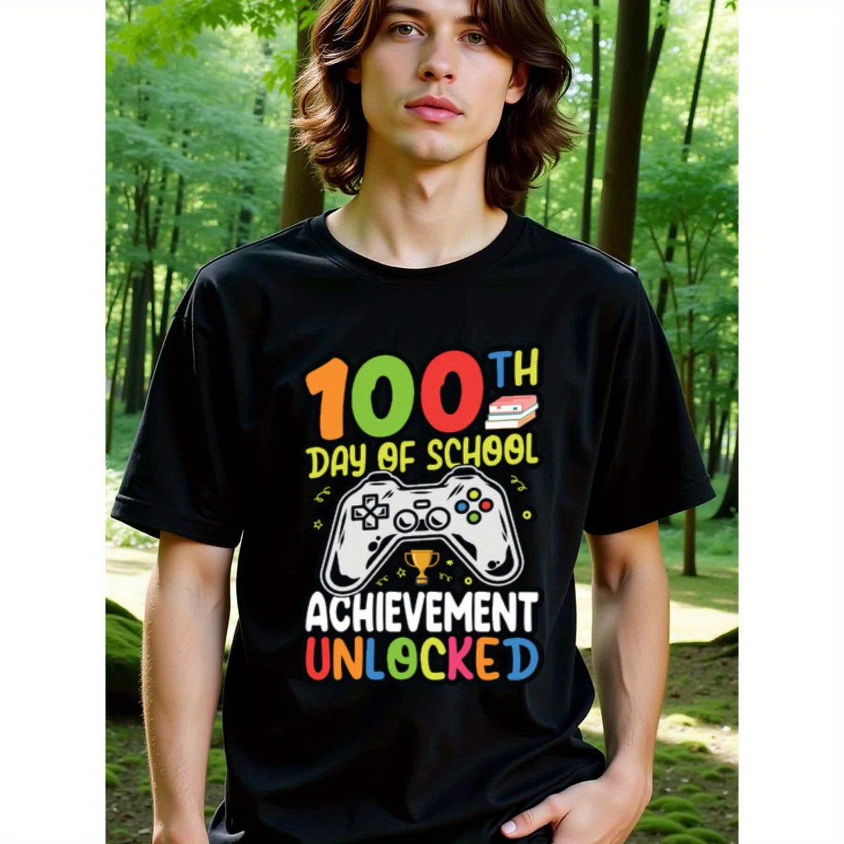 natee local warehouse clearance 100th Day of School: Achievement Unlocked Gamer T-shirt, 100% Cotton Fabric,Crew Neck,Regular Fit,Weekend Casual Wear,180gsm Family Friends Christian festival Thanksgiving Day, 男t