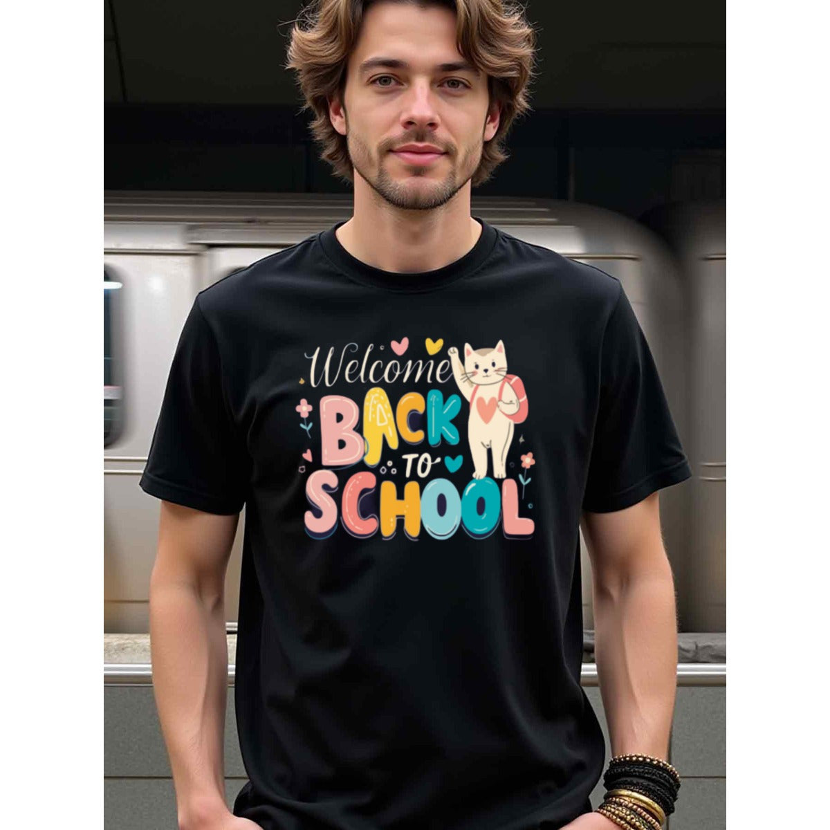 natee local warehouse clearance Back to School Cat Graphic Tee for Kids & Adults, man's T-Shirt,100% Cotton Fabric,Crew Neck,Short Sleeve,Regular Fit,All-Season Casual Wear,180gsm-Ideal For Summer Holiday Gift, 男t