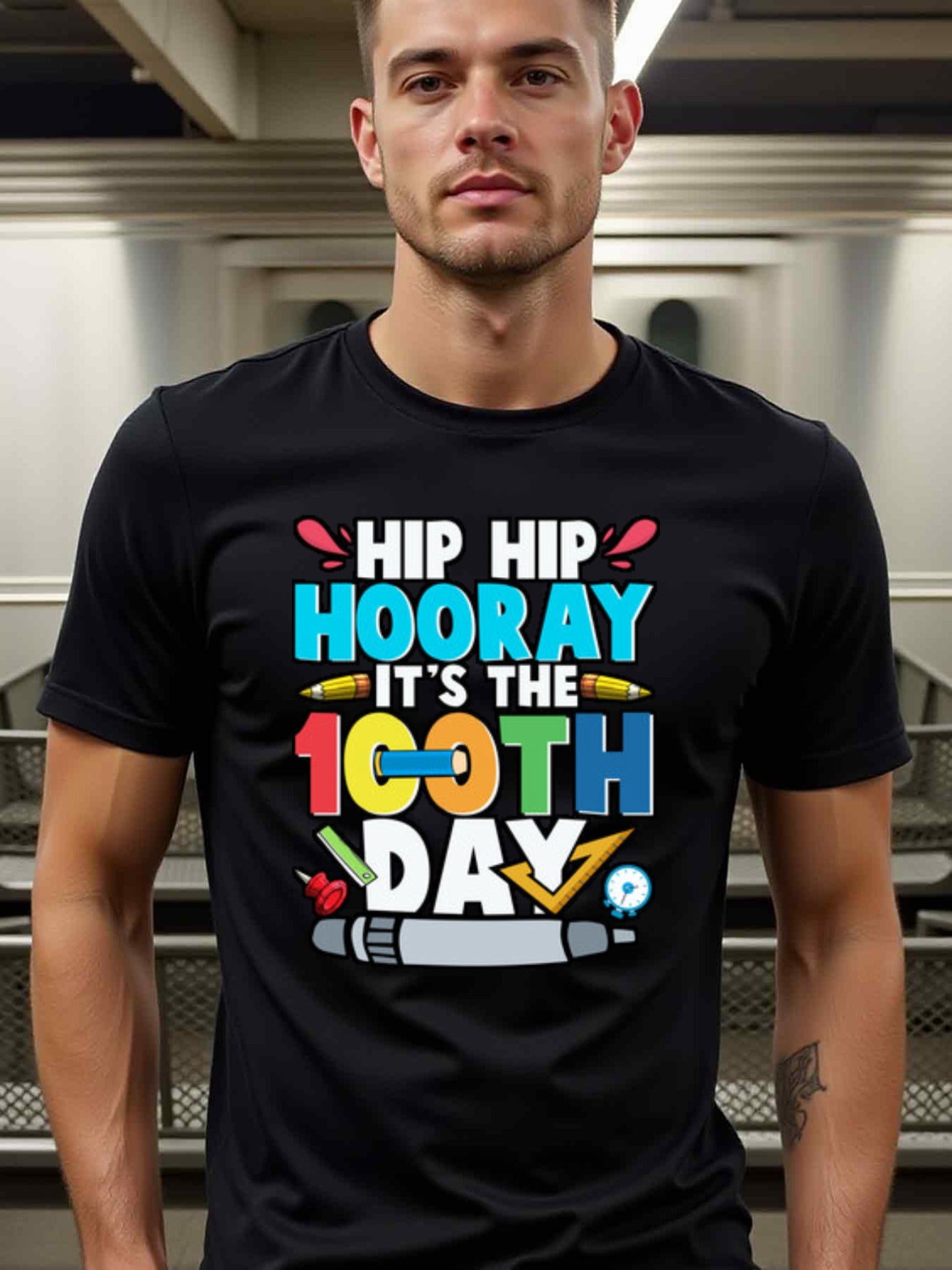 natee local warehouse clearance 100th Day of School Celebration Hip Hip Hooray T-shirt, man's T-Shirt,100% Cotton Fabric,Crew Neck,Short Sleeve,Regular Fit,All-Season Casual Wear,180gsm-Ideal For Summer Holiday Gift, 男t