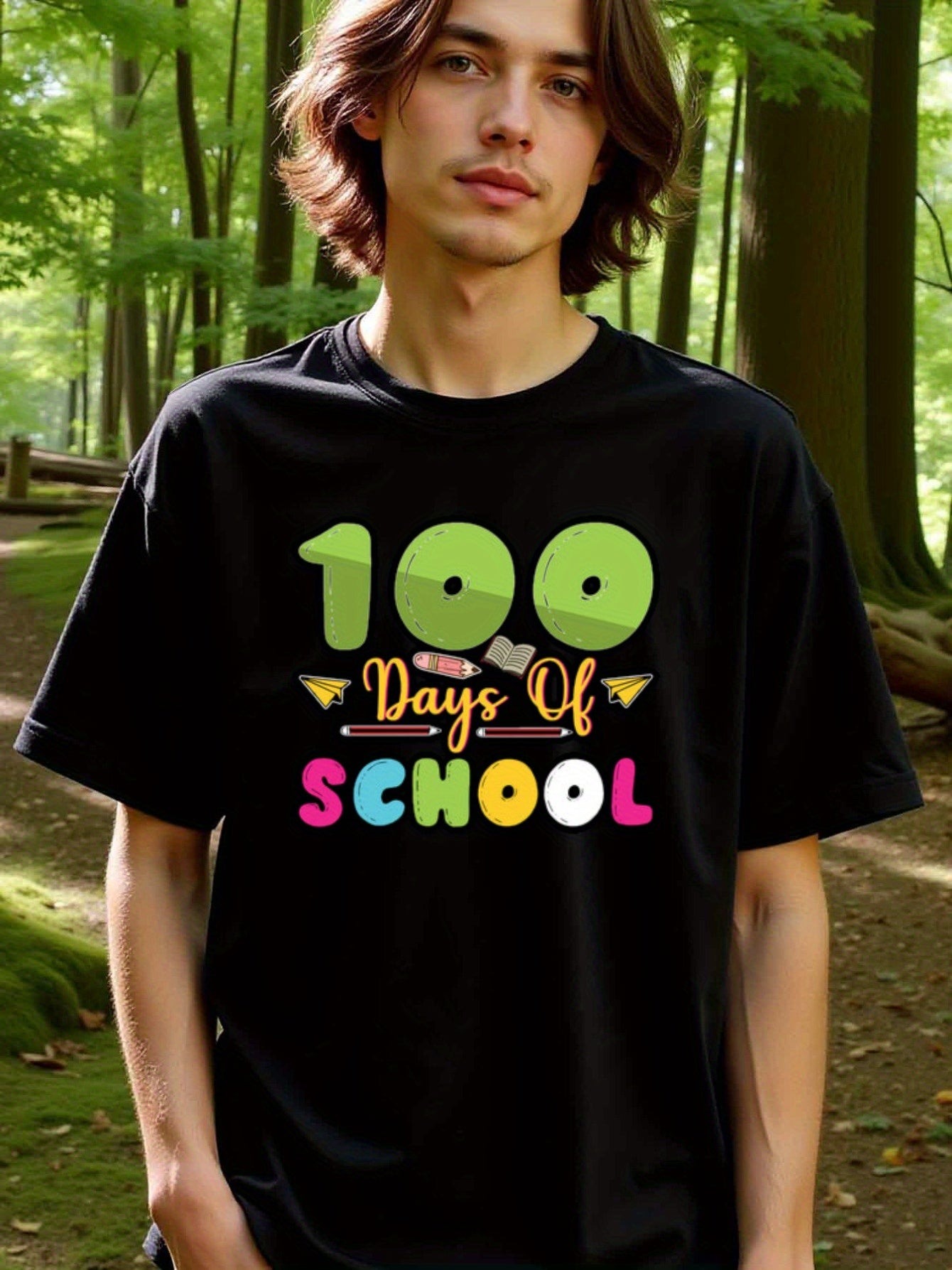 natee local warehouse clearance 100 Days of School Celebration T-shirt, man's T-Shirt,100% Cotton Fabric,Crew Neck,Short Sleeve,Regular Fit,All-Season Casual Wear,180gsm-Ideal for Valentines Christian festival Thanksgiving Day, 男t