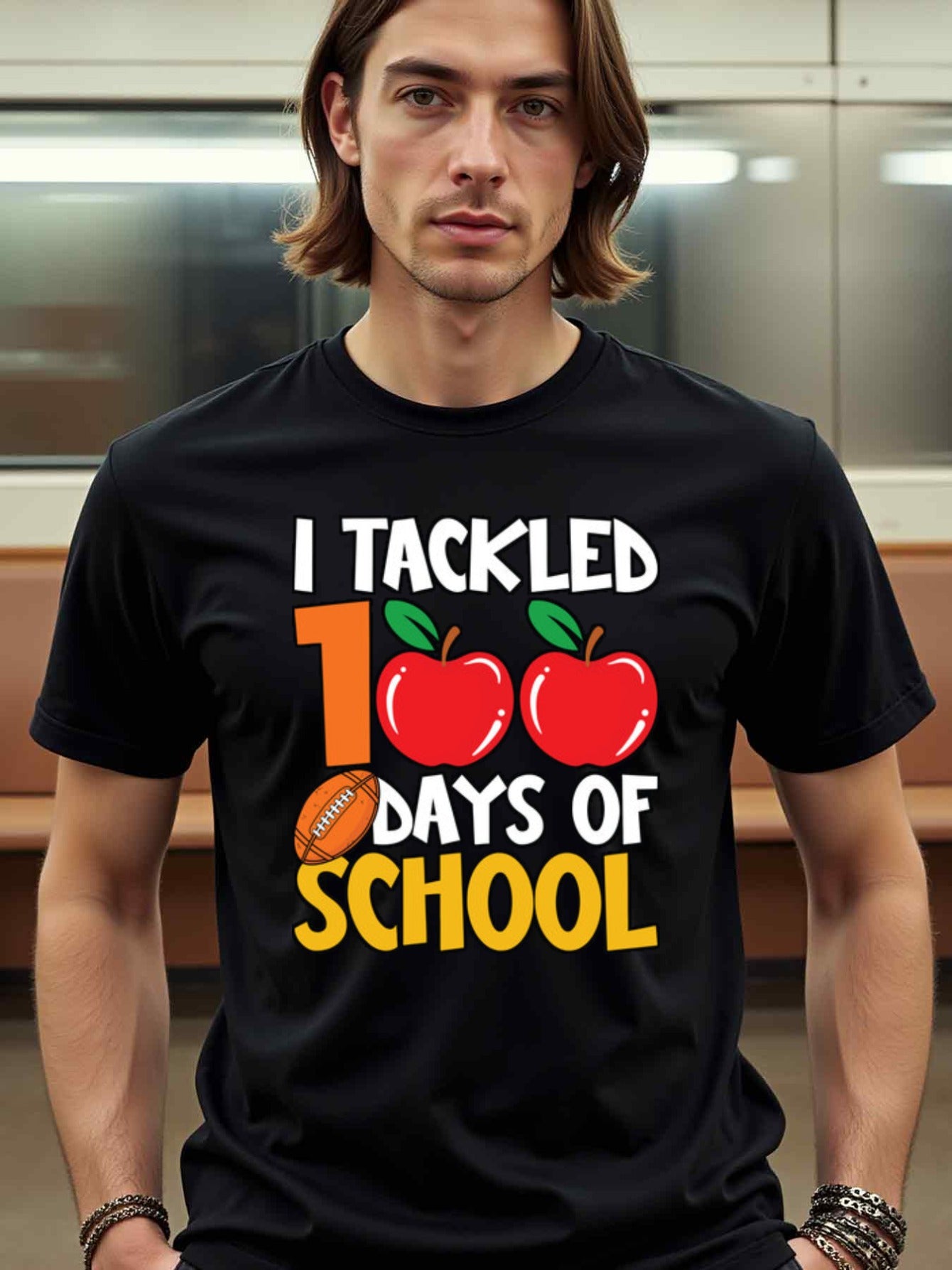 natee local warehouse clearance 100 Days of School Football Tackle Shirt, 100% Cotton Fabric,Crew Neck,Regular Fit,Weekend Casual Wear,180gsm Family Friends Christian festival Thanksgiving Day, 男t