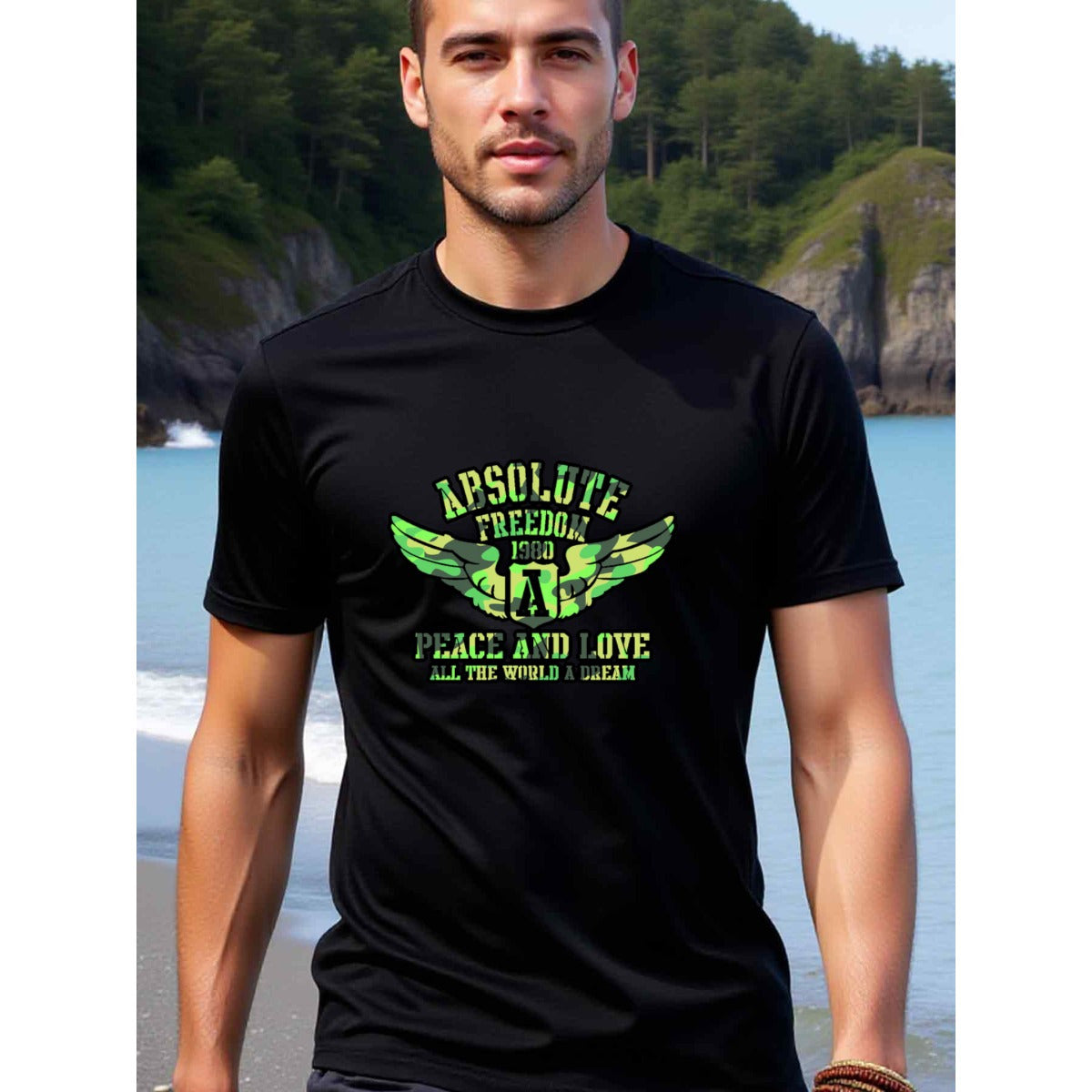 natee local warehouse clearance Absolute Freedom 1980: Peace and Love All the World a Dream T-shirt, man's T-Shirt,100% Cotton Fabric,Crew Neck,Short Sleeve,Regular Fit,All-Season Casual Wear,180gsm-Ideal for Valentines Christian festival Thanksgiving Day