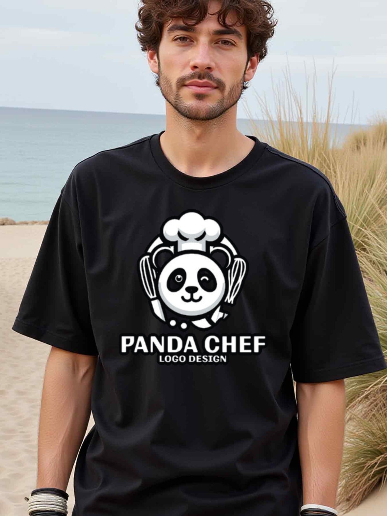 natee local warehouse clearance Adorable Panda Chef Logo Design T-shirt, man's T-Shirt,100% Cotton Fabric,Crew Neck,Short Sleeve,Regular Fit,All-Season Casual Wear,180gsm-Ideal for Valentines Christian festival Thanksgiving Day, 男t