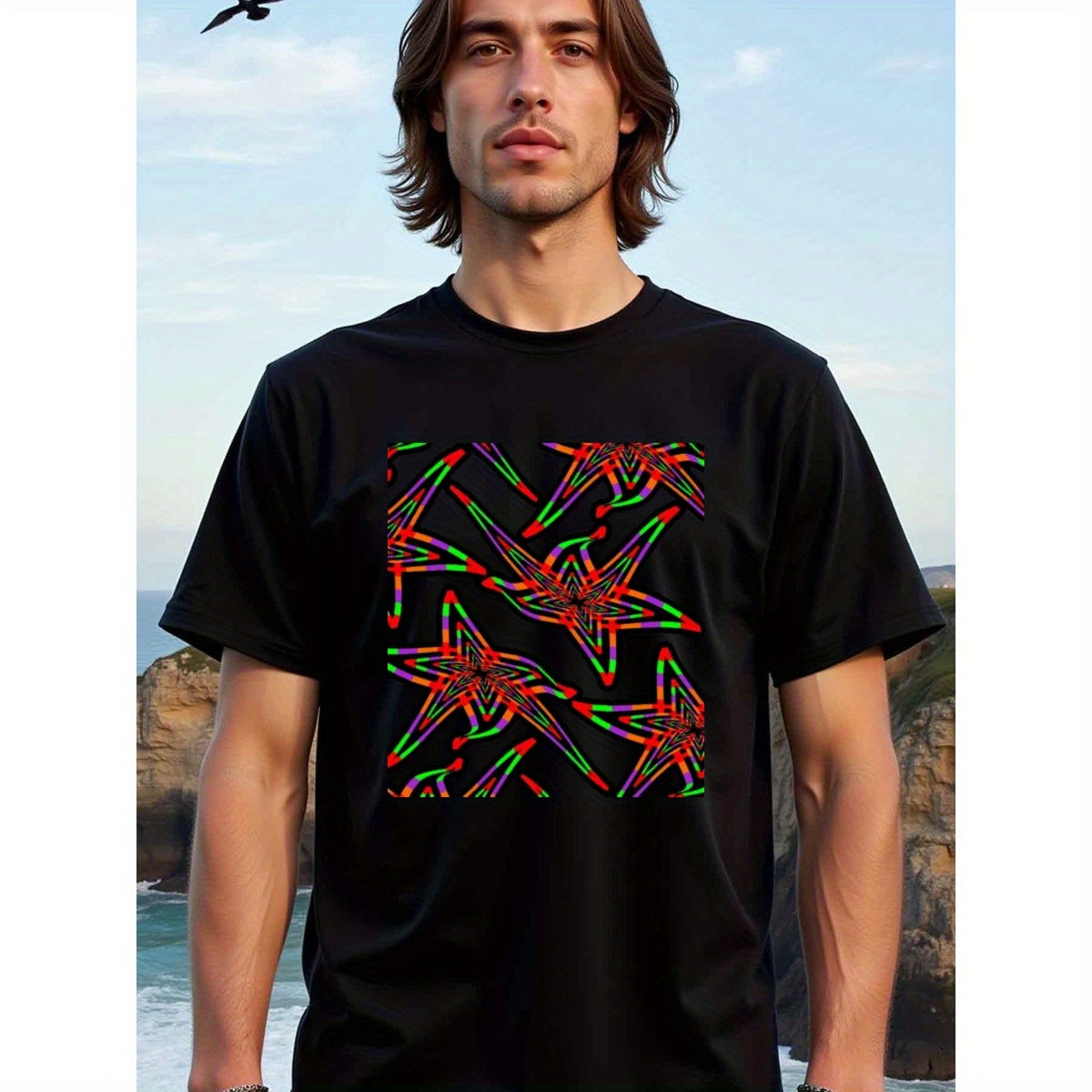 natee local warehouse clearance Abstract Neon Stars Graphic Tee - Bold & Vibrant Design, man's T-Shirt,100% Cotton Fabric,Crew Neck,Short Sleeve,Regular Fit,All-Season Casual Wear,180gsm-Ideal for Valentines Christian festival Thanksgiving Day, 男t